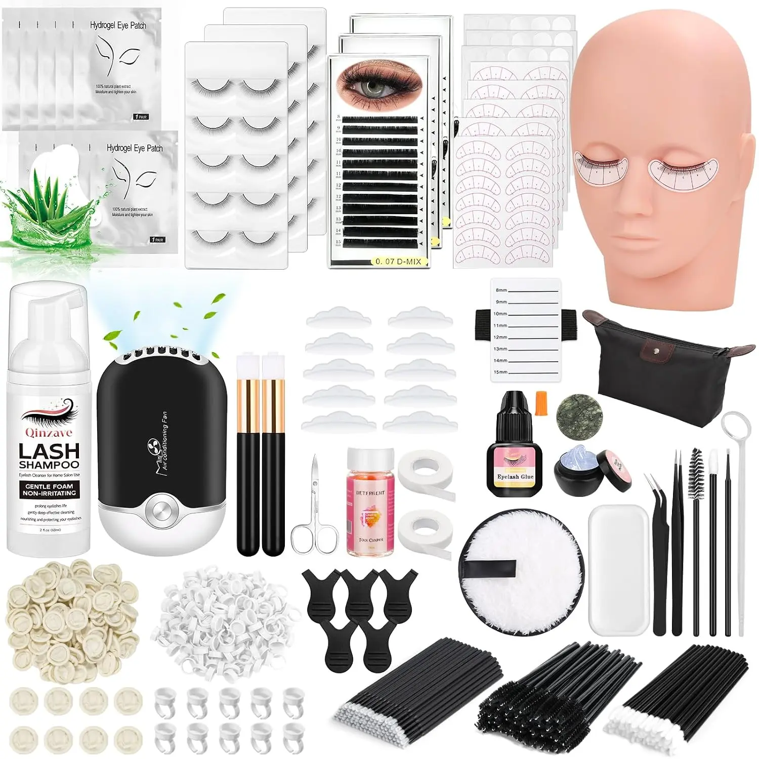 Lash Kit for Eyelash Extension Beginners Eyelash Extension Kit with Lash Mannequin Head, Eyelash Extension Practice Kit with Everything USB Fan Lash Glue False Eyelash Lash Shampoo