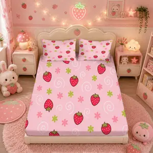3 Pcs Strawberry Heart Floral Fitted Sheet Set, No Pillow Insert, 1 Fitted Sheet and 2 Pillowcases, Soft Mattress Protection, Gift for Birthday Holidays Housewarming Friends Couples Bedroom Dorm