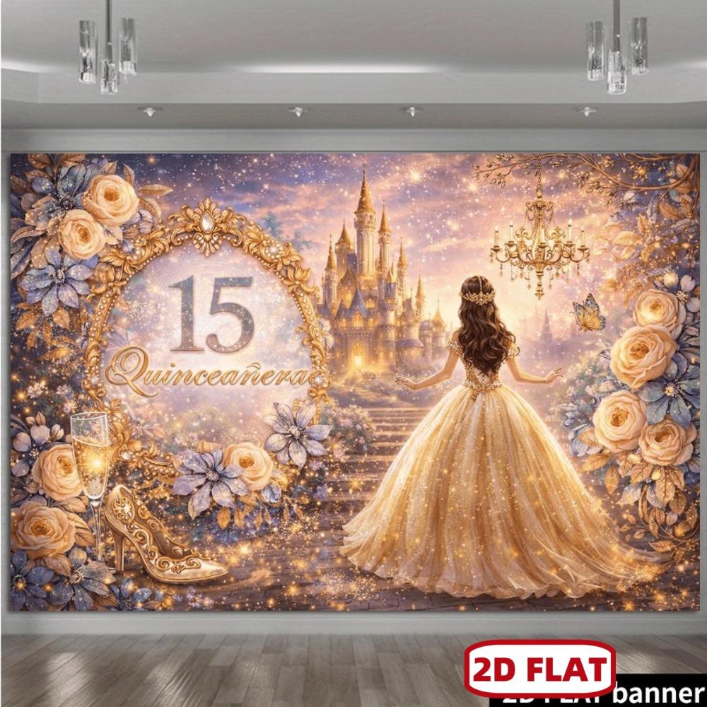 Quinceañza 15th Birthday Backdrop with Golden Number 15, Ornate Floral Castle & Crystal Chandelier - Suitable for Indoor/Outdoor Party Decorations, Photo Background for Quinceañera Celebrations, No Power Required,