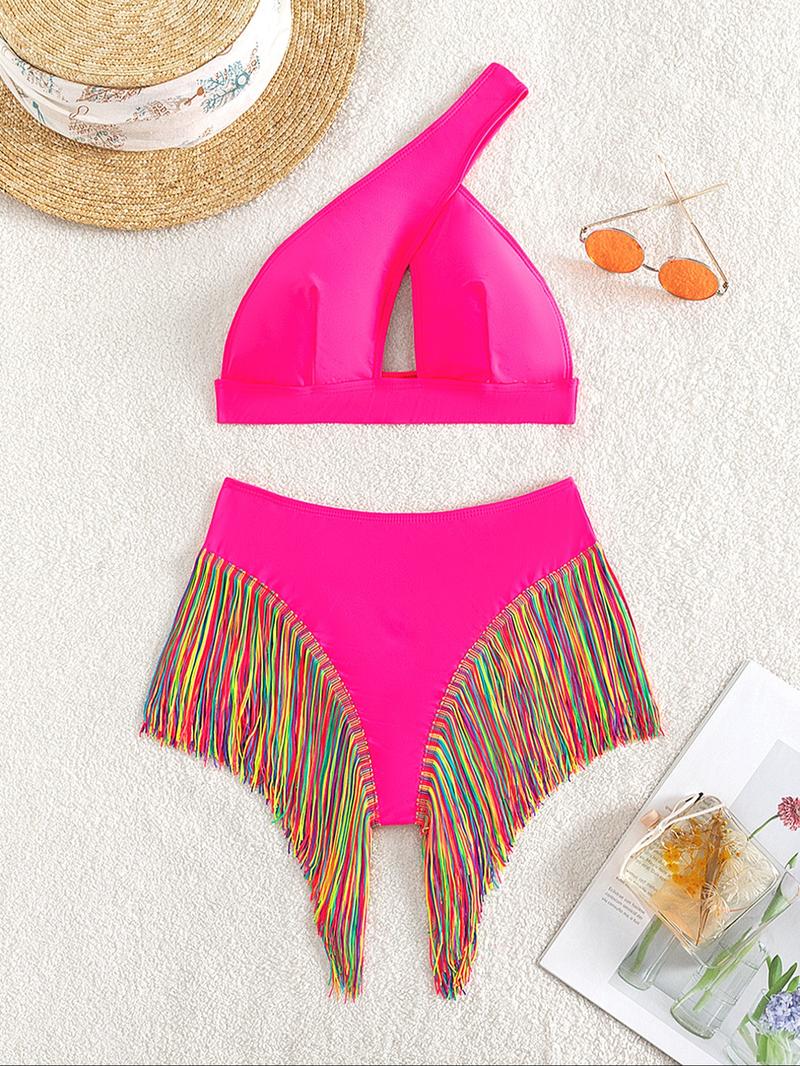Women's Solid Color Tassel Trim Bikini Set, Casual Fashion Chic Swimsuit for Beach Holiday Vacation, Ladies Swimwear for All Seasons