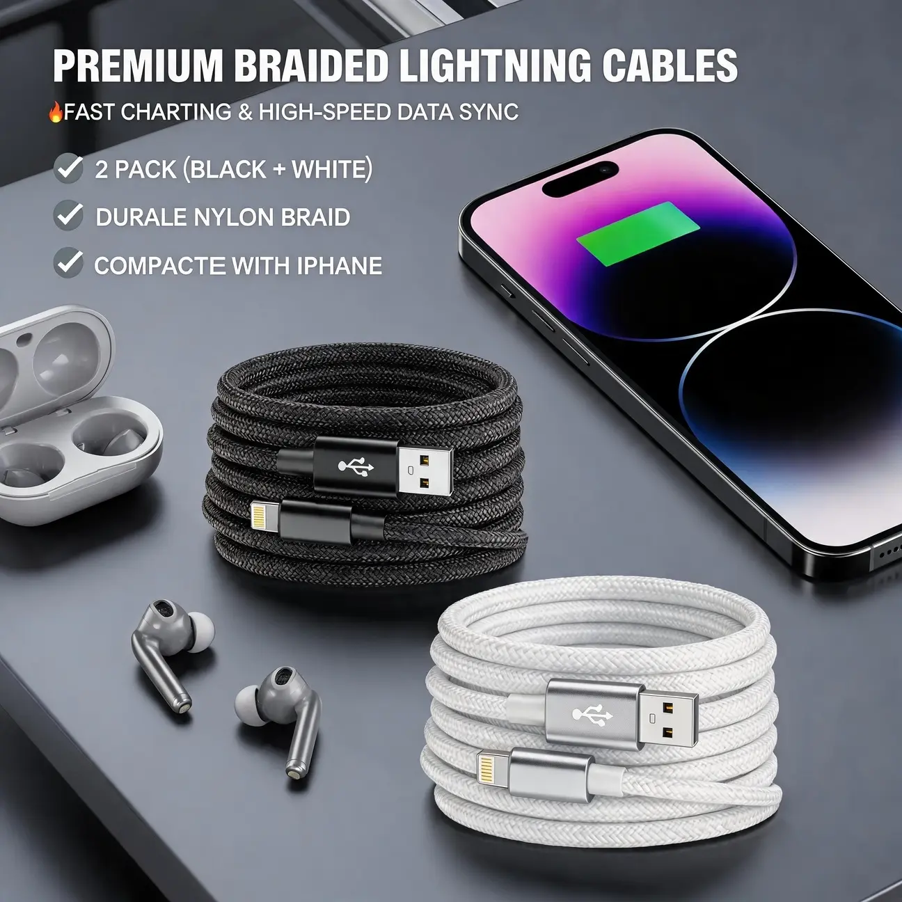 2-pack Couple Style, USB Flash Charging Data Cable, USB to Lightning Cable, Nylon Craftsmanship, Durable and Suitable for Fast Charging of IPhone 14/13/12/11/10/9/8/Pro IPad Airpods PC Smart Devices
