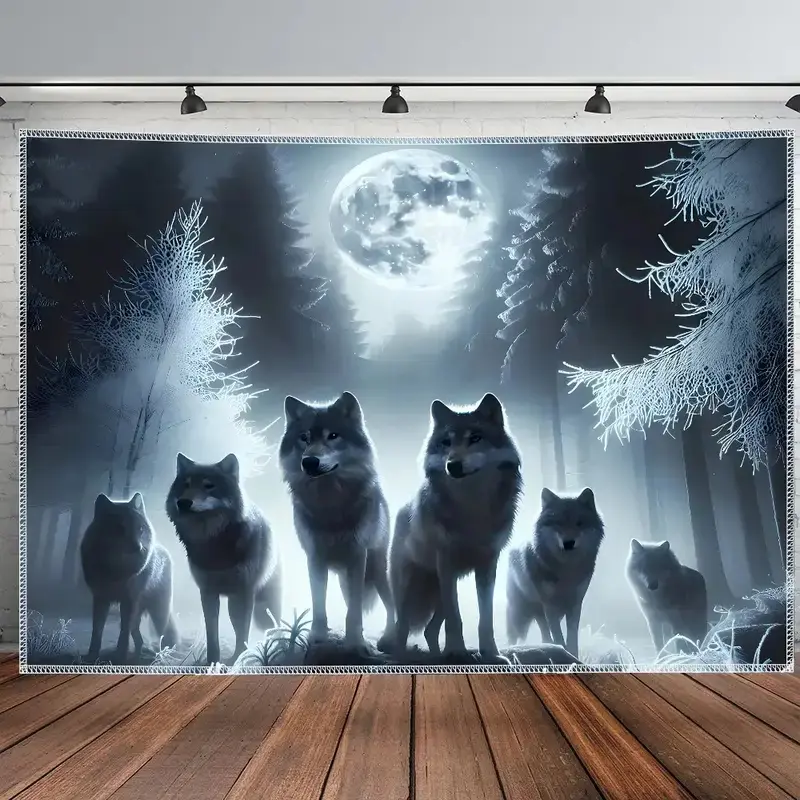 1pc - Extra Large - Stunning Wolf Moon Landscape Photo Tapestry, Polyester Aesthetic HD Printed Wall Hanging, Living Room Bedroom Office Home Room Party Decoration, Wall Decoration, No Installation Required