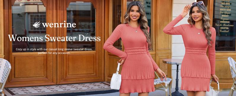 Wenrine Women's Long Sleeve Sweater Dress Casual Ribbed Knit Crewneck A Line Slim Fit Tiered Fall Mini Dresses for Everyday Wear