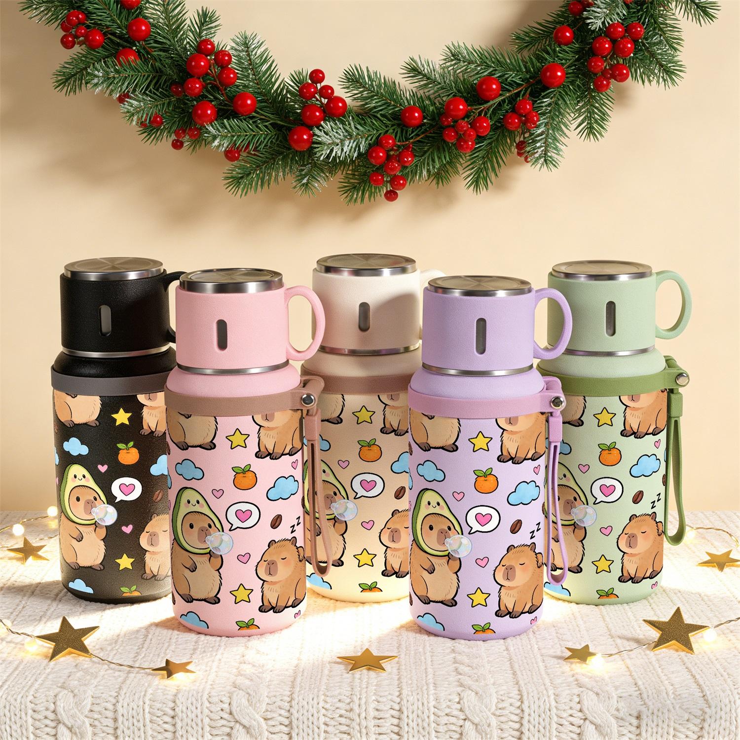 1PC, 20oz Insulated Stainless Steel Water Bottle, Vacuum Flask with Cup Lid That Doubles as Handle Cup, Double Wall Insulated Travel Mug, Cute Capybara Aesthetic Design, Portable for Outdoor Hiking Gym, School Office