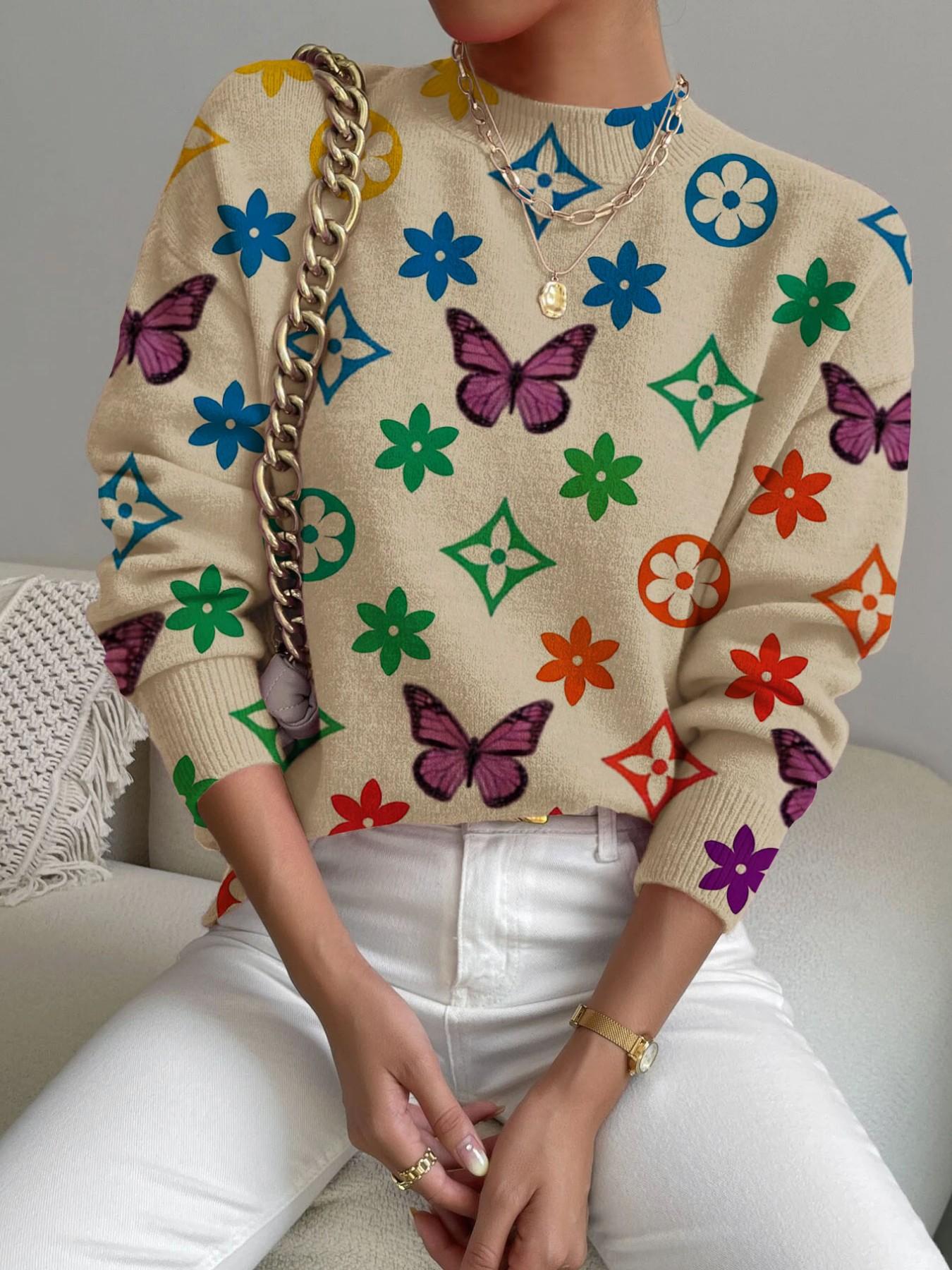 Women's Geometric Pattern Stand Collar Sweater, Fall Winter Casual Long Sleeve Knitwear, Comfortable Warm Daily Wear