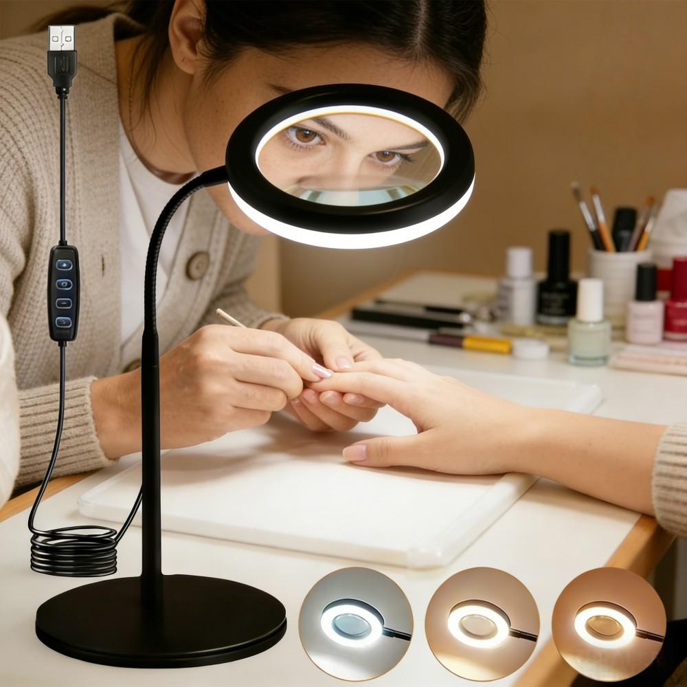 A Magnifying Glass with 5X Magnification And Light, a Desktop Magnifier with Base, 3 Adjustable Lighting Modes, And an LED Lamp Suitable for Working in Bed, Crafting, Repairs, Available in 3 Colors for The Magnifying Desk Lamp