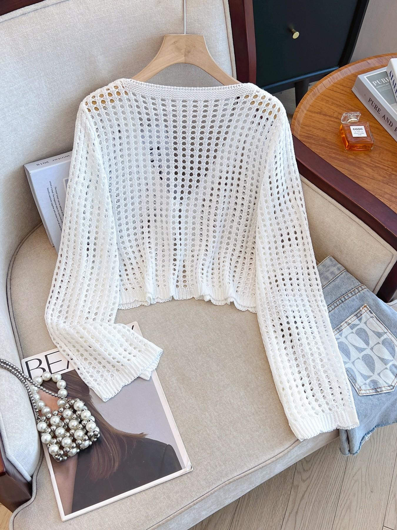 Women's Solid Hollow Out Sweater Cardigan, Casual Adjustable Tie Front Long Sleeve Knit Cardigan for Summer, Fashion Women's Knitwear for Daily Wear, Tops