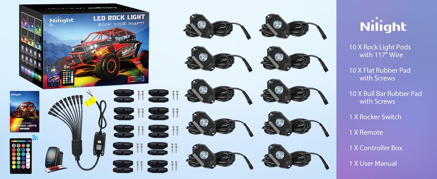Nilight RGB LED Rock Lights Kit 10 Pods Underglow Multicolor Neon Pod with Remote & Bluetooth App Control DIY Flashing Music Mode Wheel Well Light for Truck ATV UTV RZR SUV  dealsforyoudays