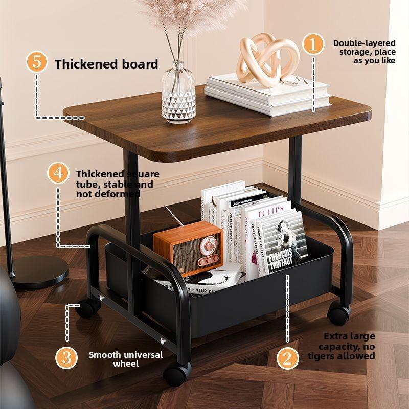Vintage Style Movable Coffee Table Trolley Side Table, Living Room Sofa Storage Tea Cart with Wheels, Open Double-Layer Storage, Large Capacity, 360° Smooth Casters for Easy Movement