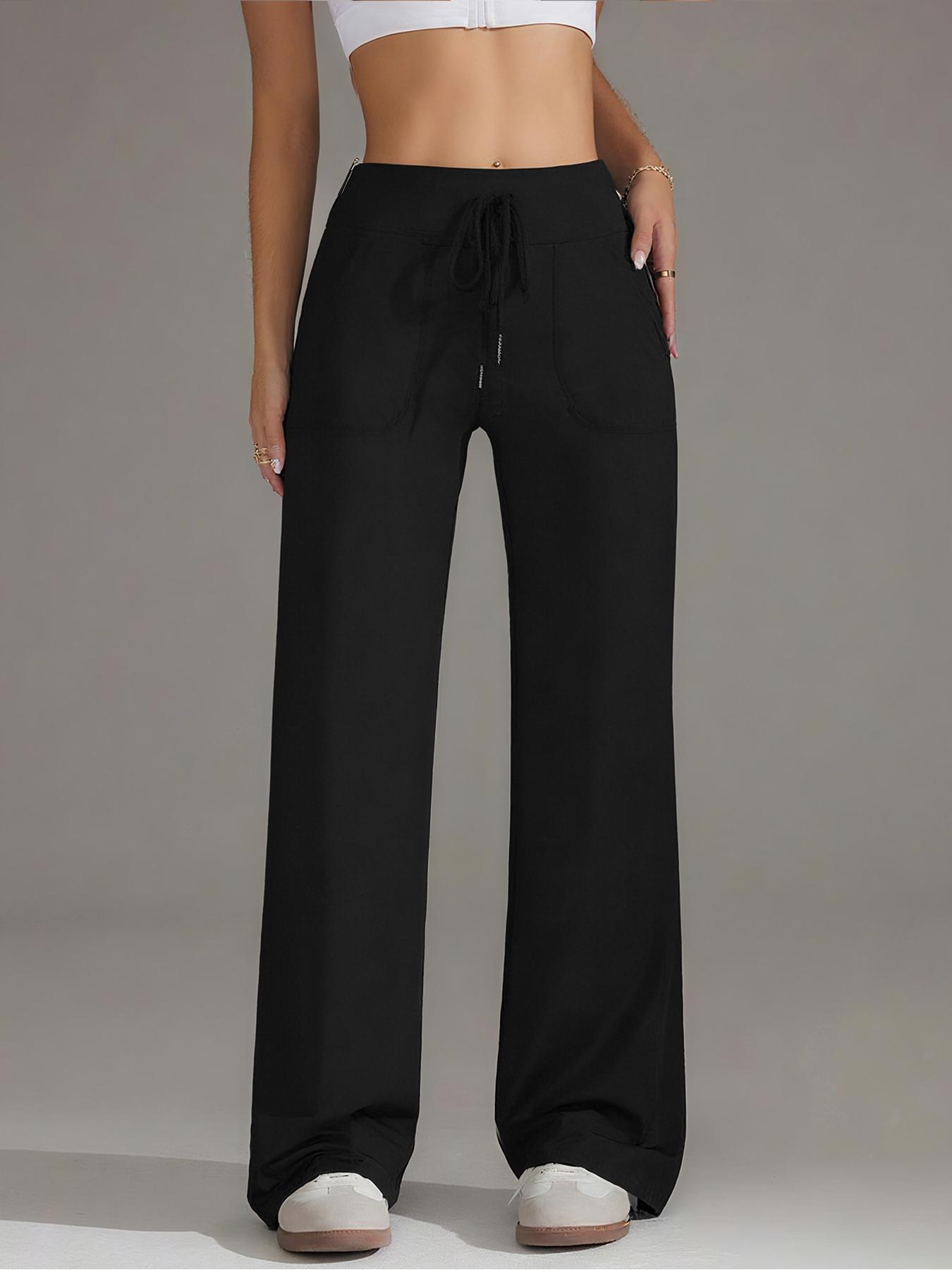 High Waist Drawstring Elastic Casual Pants, Wide Leg Straight Fit Gym Pants, Fall & Winter Long Pants with Pockets, Athleisure Style Bottoms