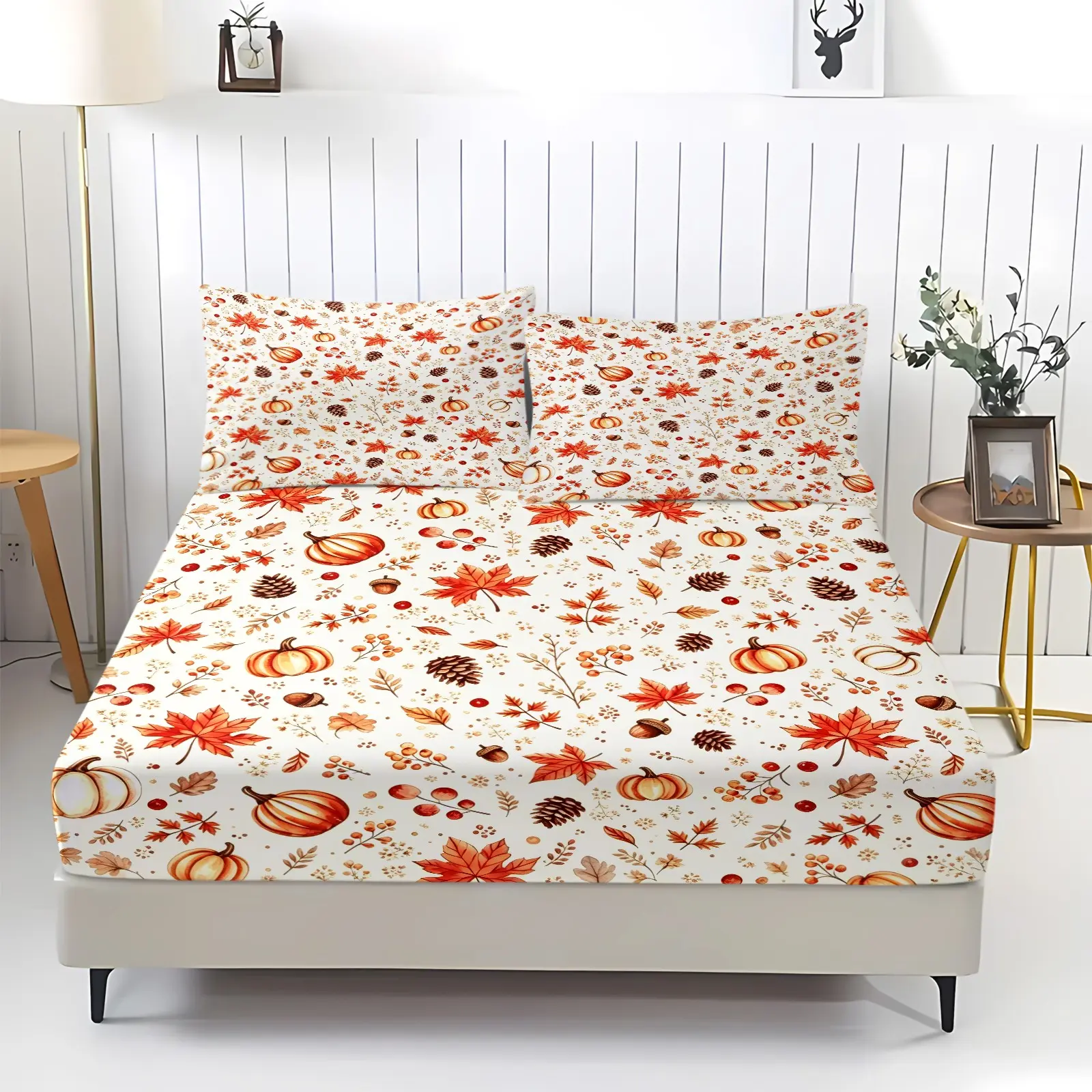 Fall Pumpkin Maple Leaf Pinecone Acorn Berry Digital Print Fitted Sheet Set, Soft Breathable Bed sheet set, 360° Elastic Deep Pocket Fitted Sheet, Includes 2 Pillowcases - without Core for Autumn Thanksgiving Bedroom Home Decoration