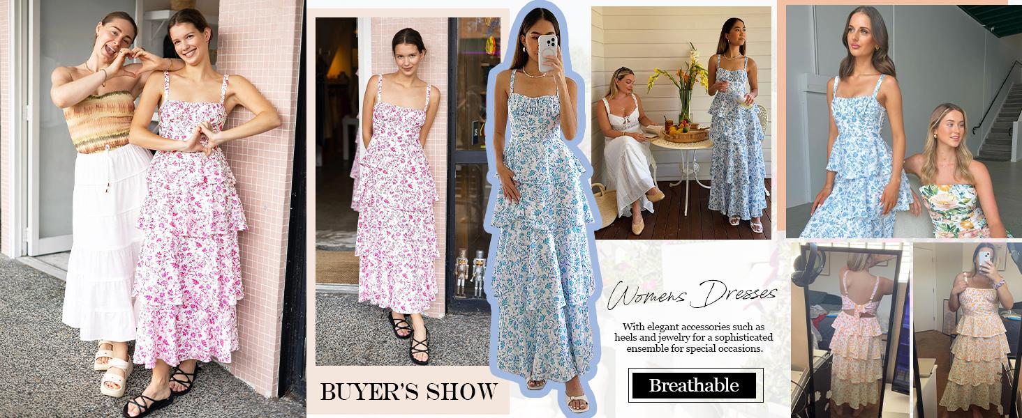 Wenrine Women's Summer Floral Maxi Dresses Sleeveless Spaghetti Strap Tie Back Ruffle Tiered Flowy Dresses