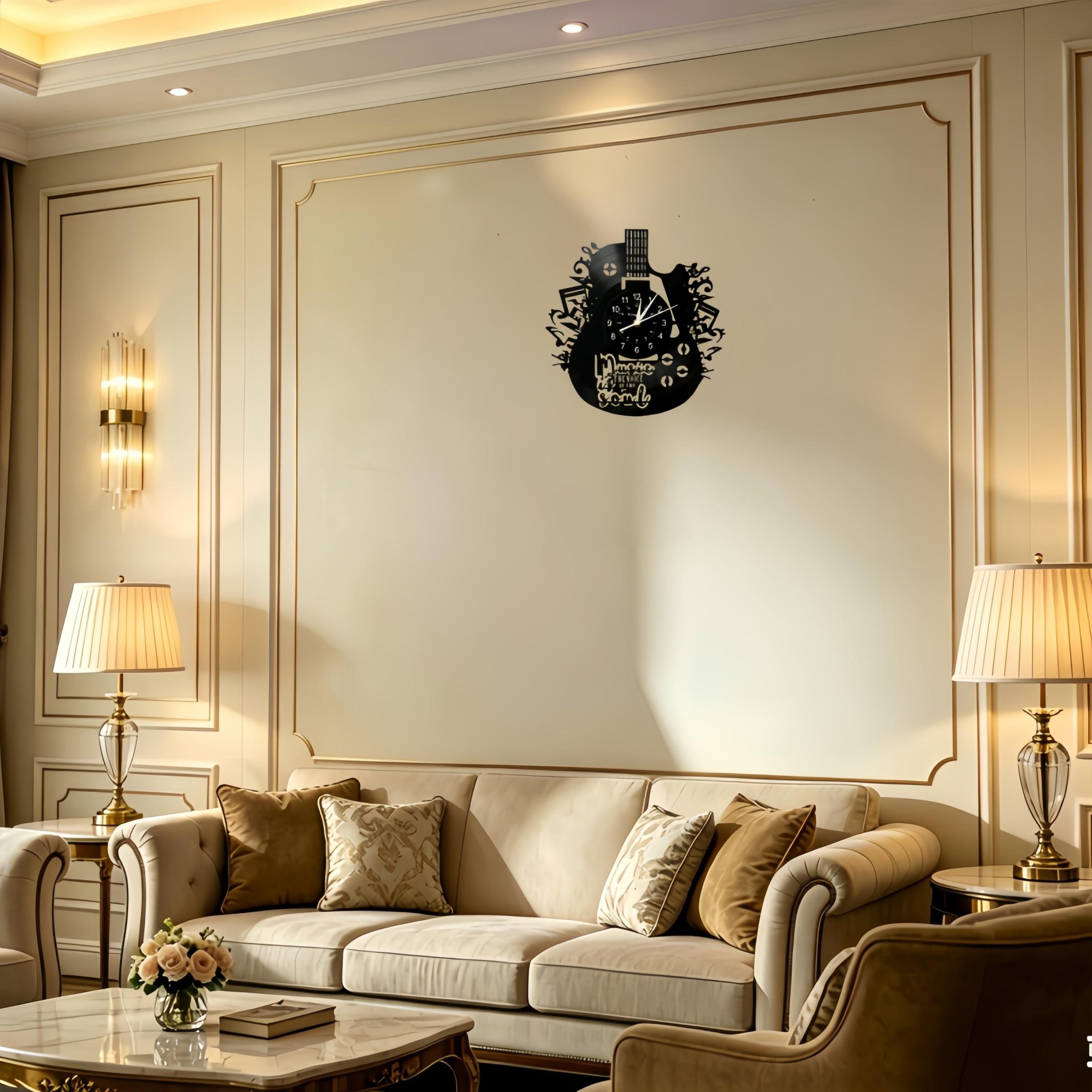 Guitar Shape Vinyl Wall Clock, Musical Notes Design, Inspirational Quote, Artistic Decor for Living Room, Music Room, Studio, Guitar Shop