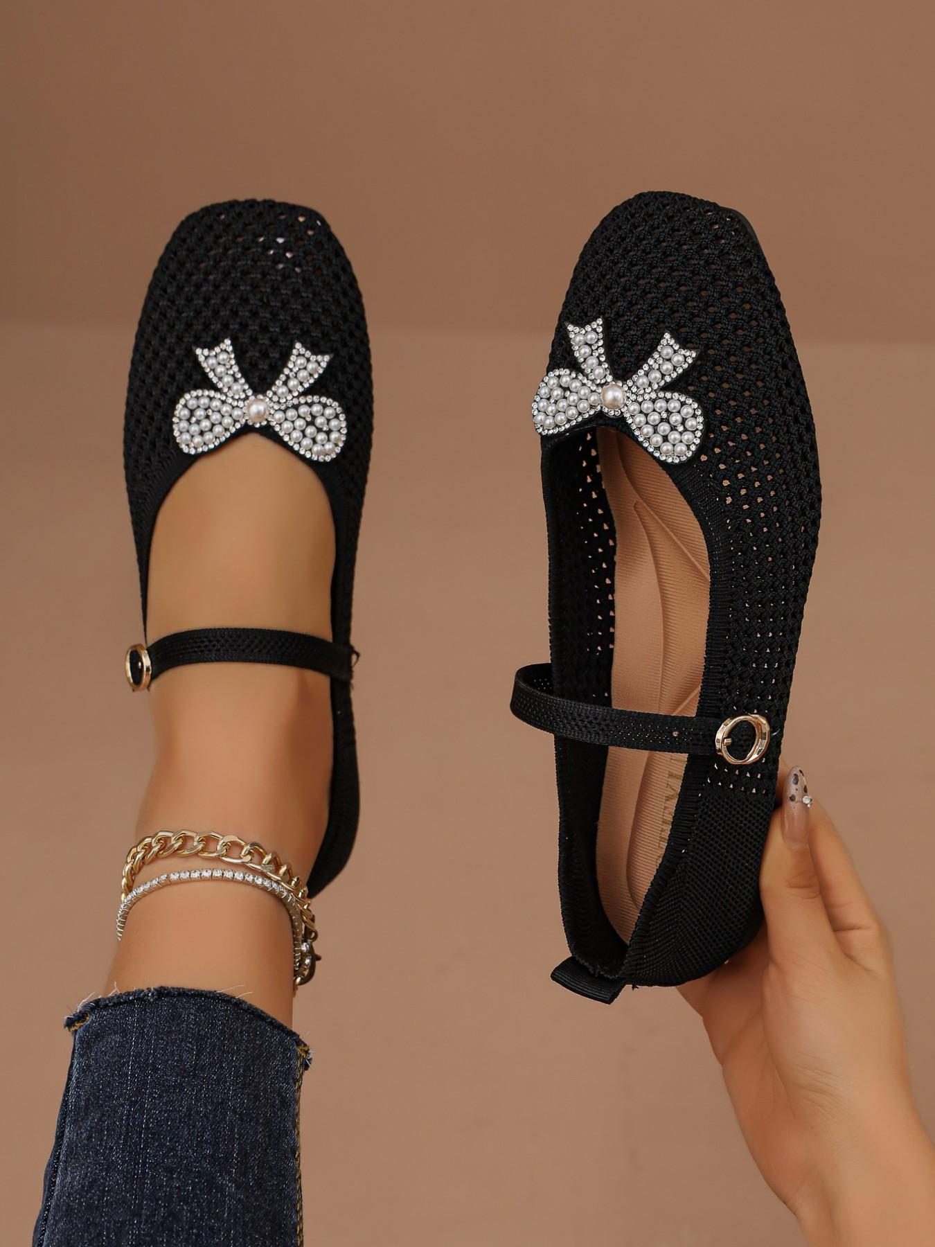Women's Elegant Pearl Rhinestone Bow Mary Jane Flat Shoes, Breathable Mesh Square Toe Buckle Sandals, Casual Office Fashion Footwear