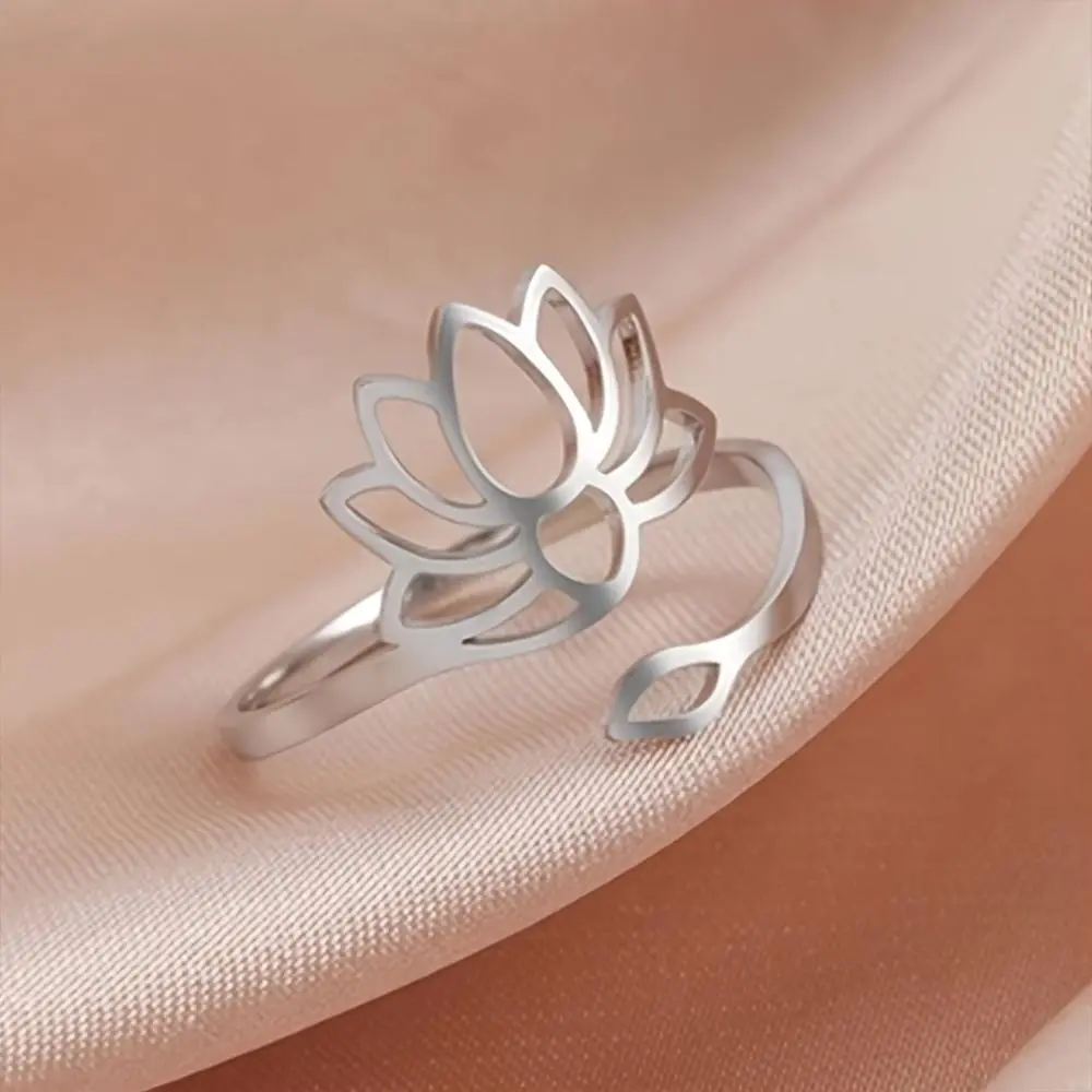 Lotus Ring 201 Stainless Steel Adjustable Ring Hollow Lotus Ring Geometric Ring Easy Teenager'S Jewelry Mom Gift, For Teenager