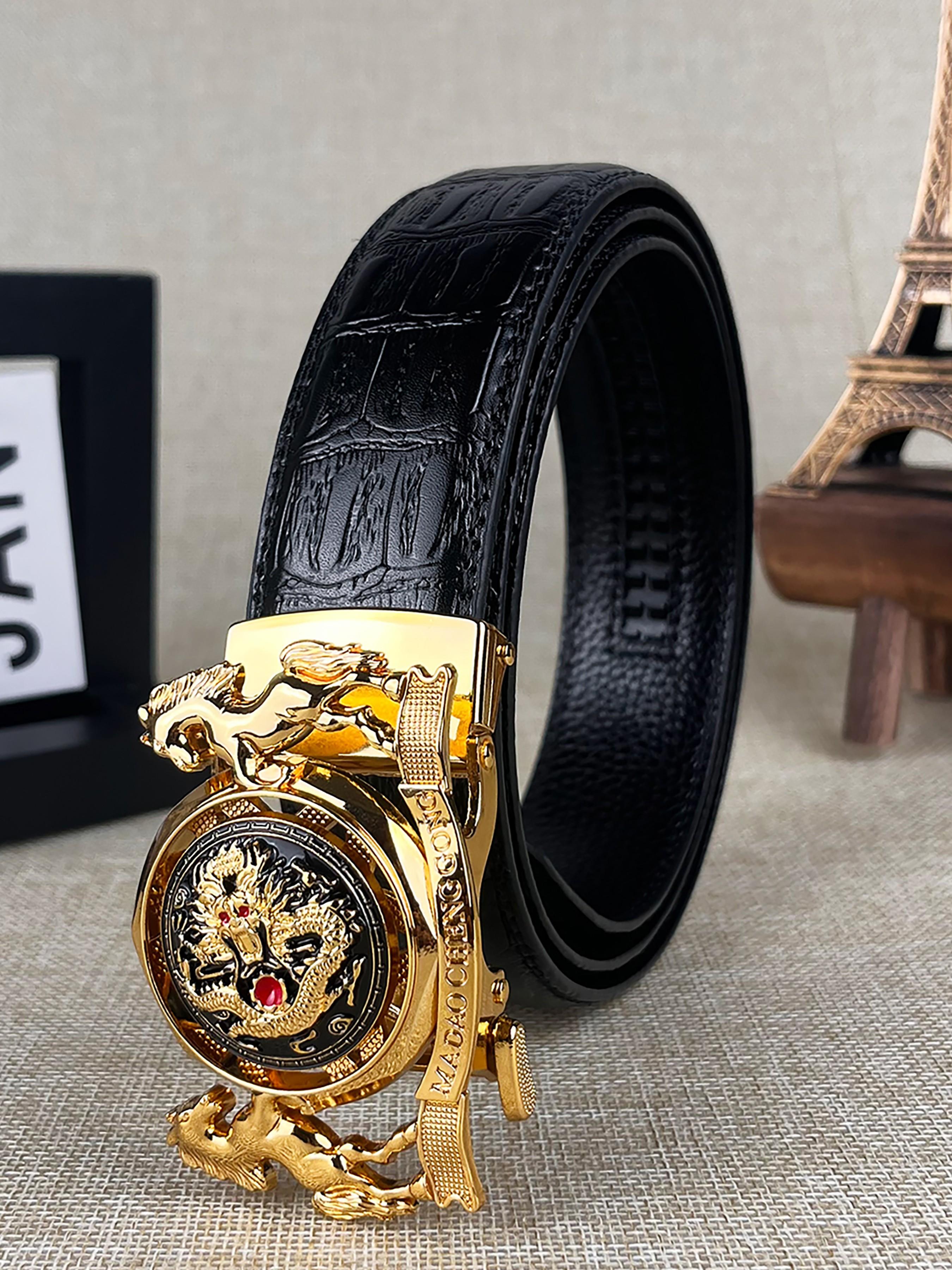 Men's and Women's Twin Horse Relief Design, Dragon Pattern Alloy Automatic Buckle Belt, Trendy and Fashionable, Novel, 1.38in/3.5cm Wide Ratcheting Belt, Gold Metal Decorated Buckle Belt, Christmas Gift, Valentine's Day Gift.