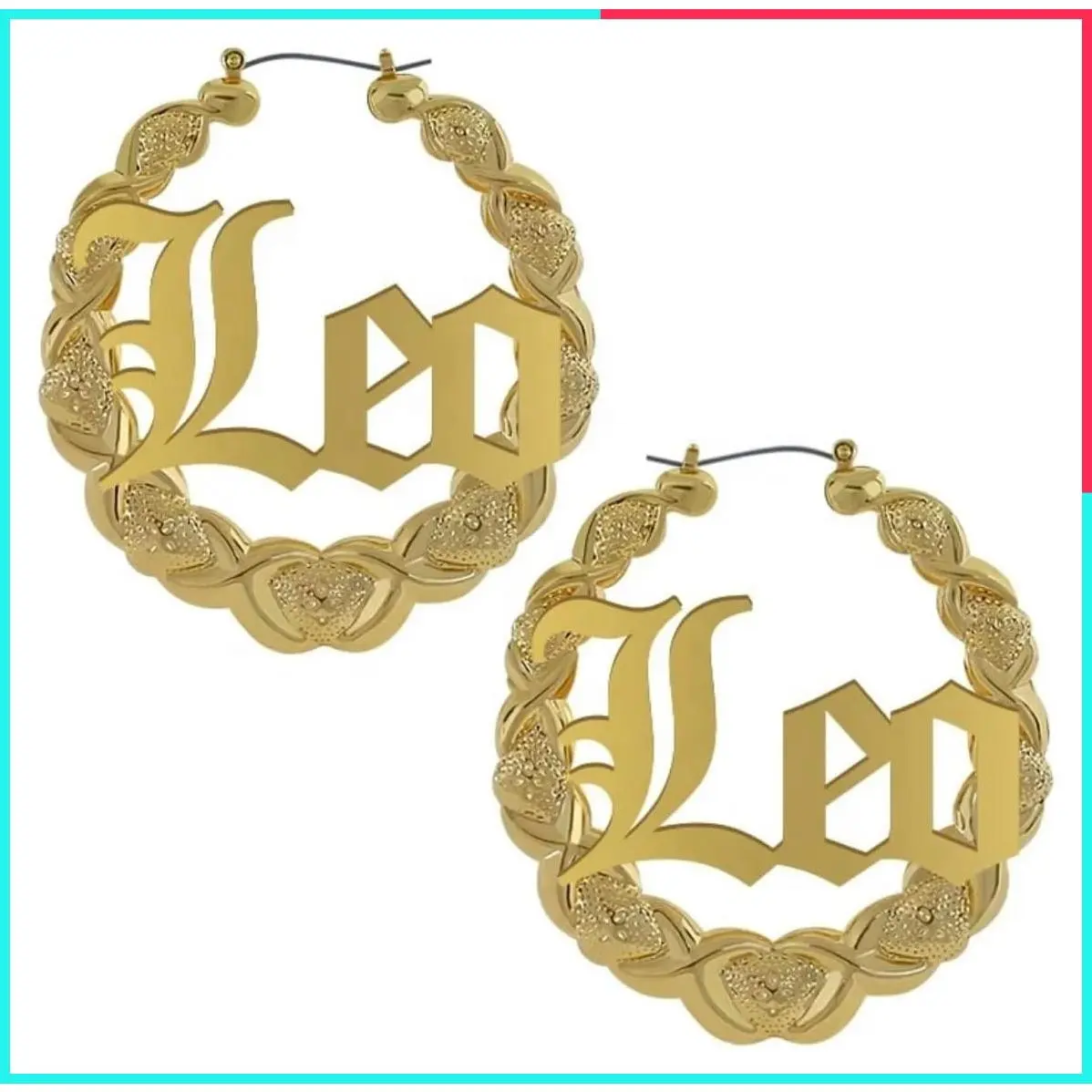 Bamboo XOXO Hoop Earrings, Hip Hop Style for Women, Old English Font Astrology Earrings, 14K Gold Plated, 90's Style Party Accessory