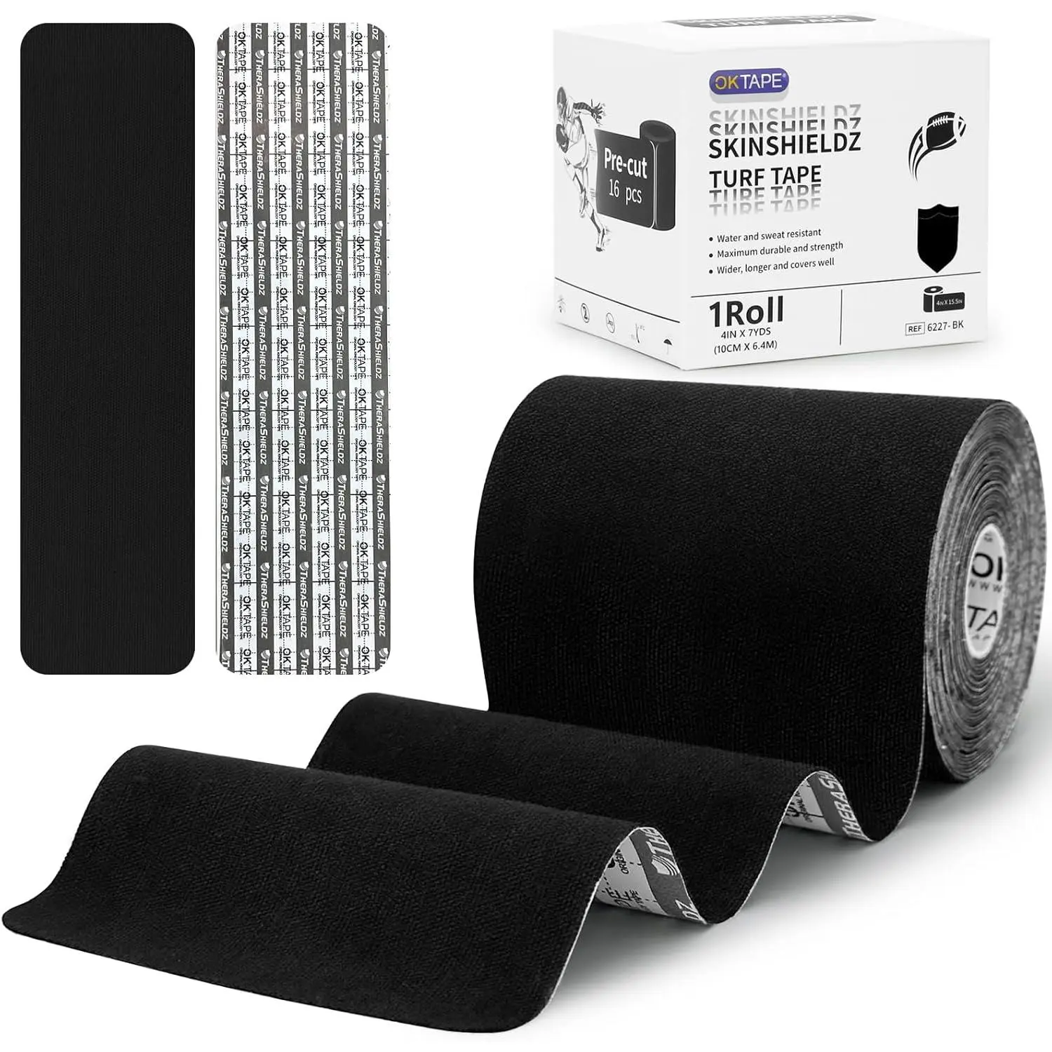 Turf Tape Football Precut 4in x 21ft (4in x 15.75in/16pcs)| Black Kinesiology Tape Waterproof, and Super Sticky, Wide Turf Tape for Turf Burn