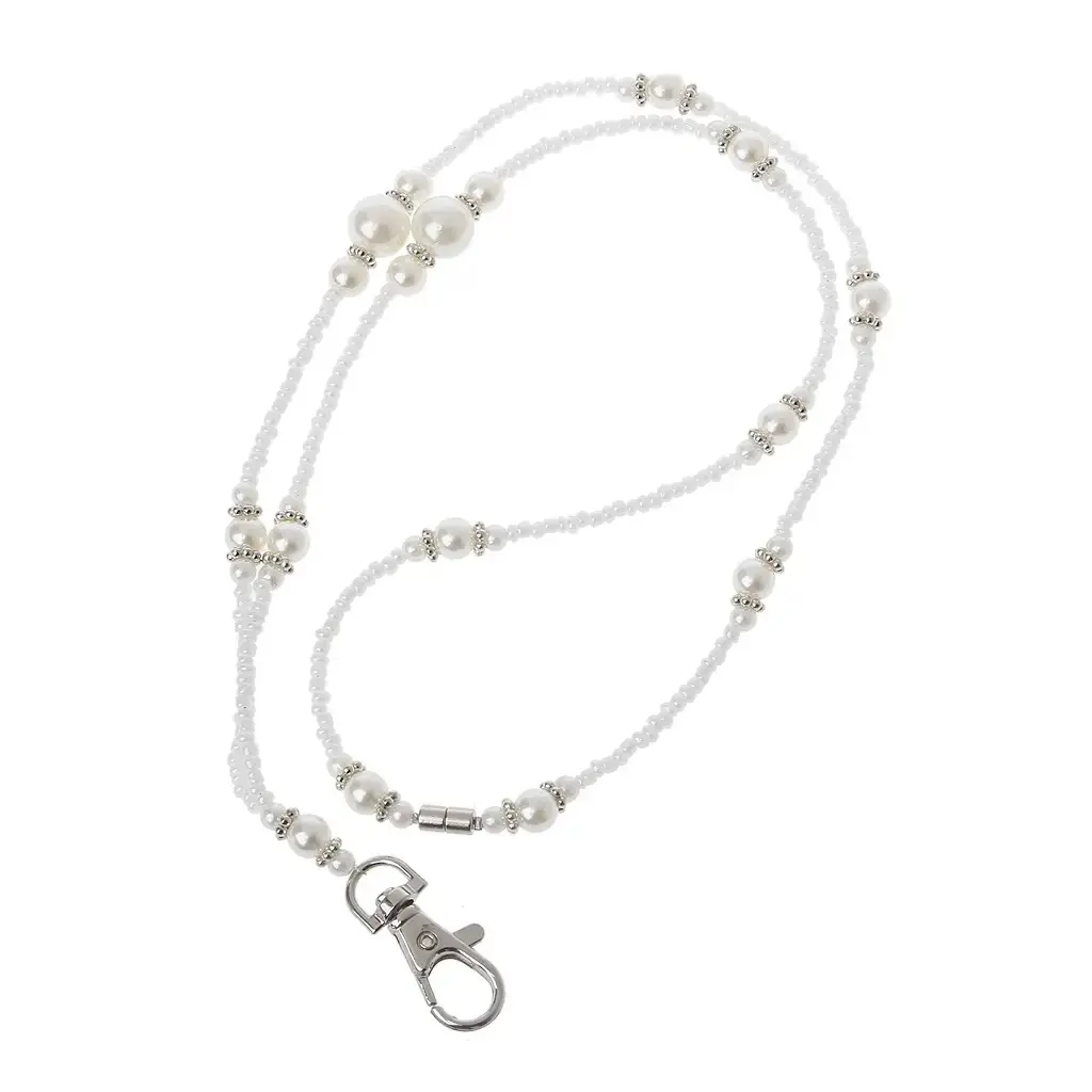 Pearl Bead Chain ID Badge Holder Lanyard Necklace with Magnetic Clasp