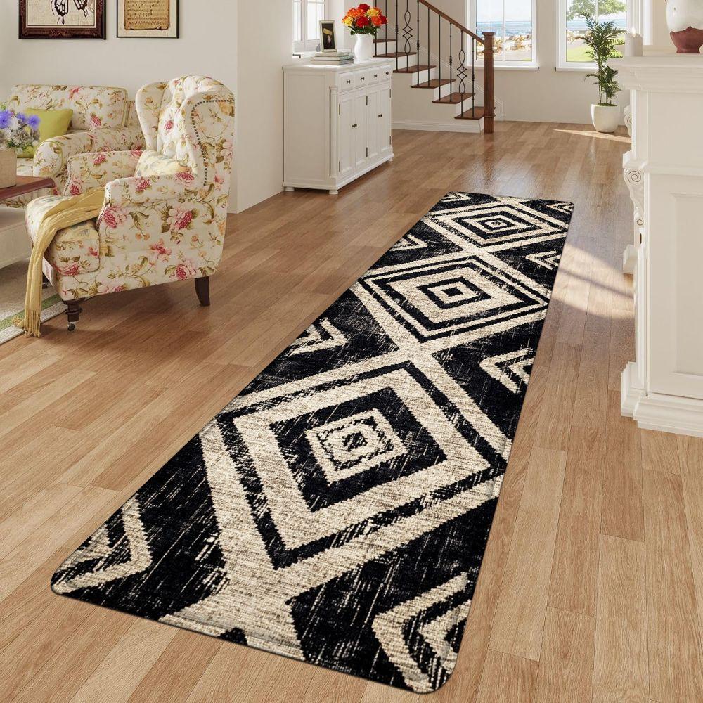 1PC， Black and White Diamond Geometry Patterned strip rugs, home décor, bathroom mats, entryway mats, bathroom non-slip mats, indoor entrance rugs, bedroom bedside mats, kitchen mats, hallway rugs, flannel sponge rugs, hallway runner rugs