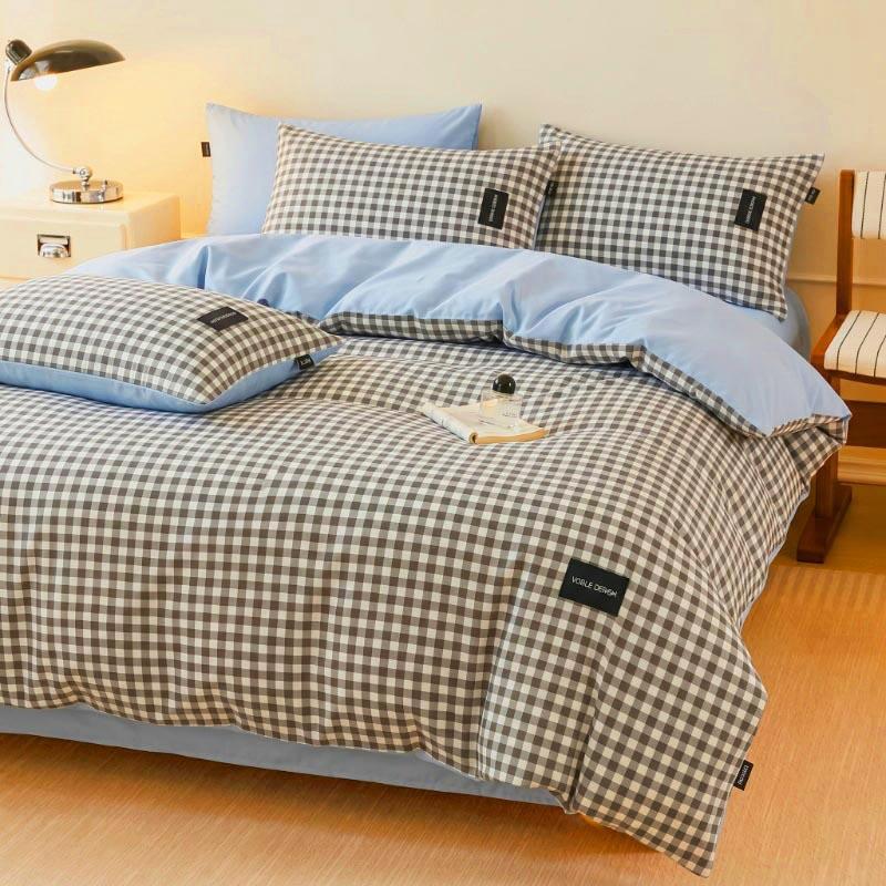 Colorful Cationic Fabric Plaid Four-Piece Set, Includes Duvet Cover, Bed Skirt, Pillowcases, Comfortable and Stylish Bedroom Essentials