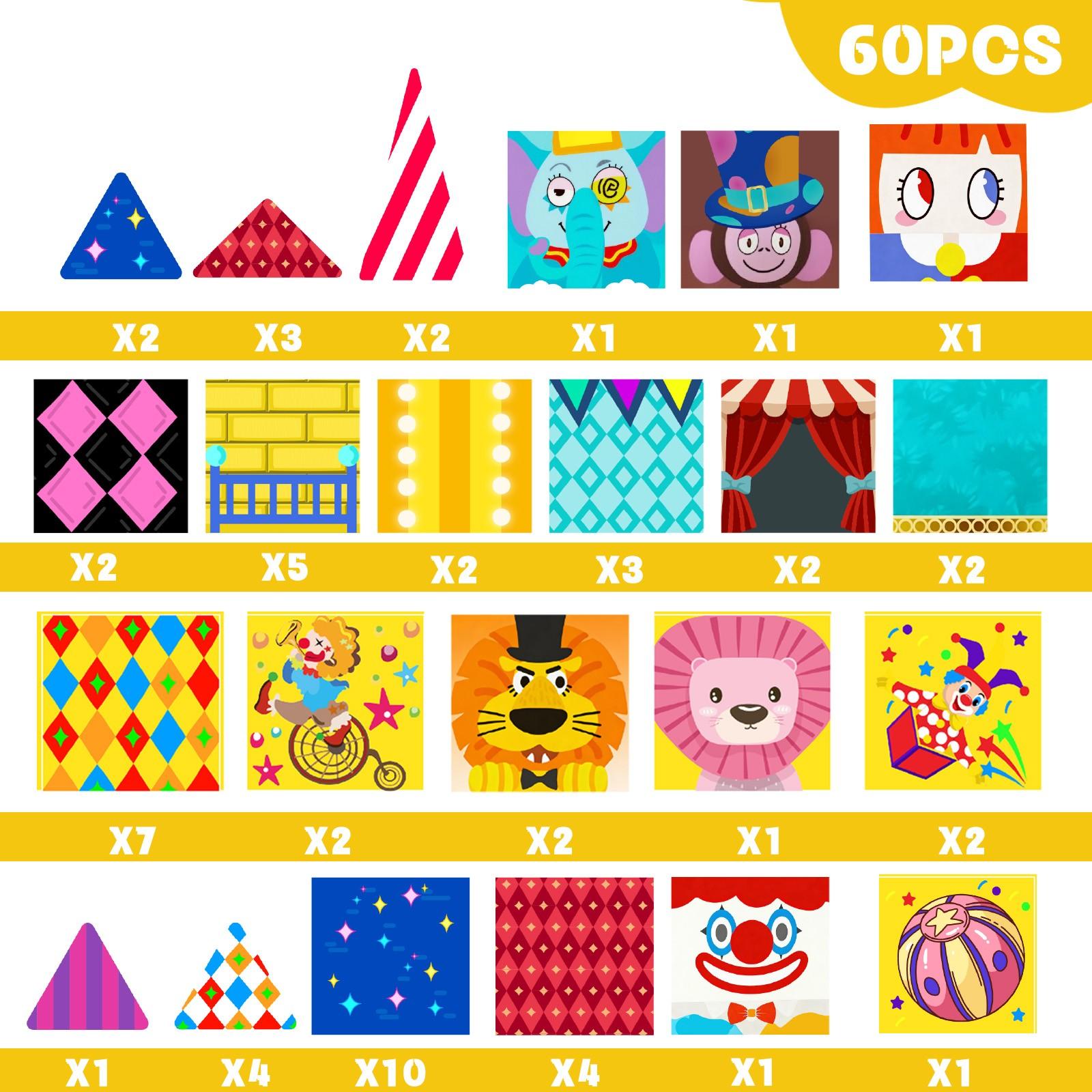 【New Sticker Set】60PCS,1.48inch Creative Sticker Magnetic Tiles,Circus Series，Magnet Building Blocks Cubes Construction Stacking Educational Assembly Toy Preschool STEM Play Creative Playboard for Toddler Kids Ages 3+,Kids Toys best gift