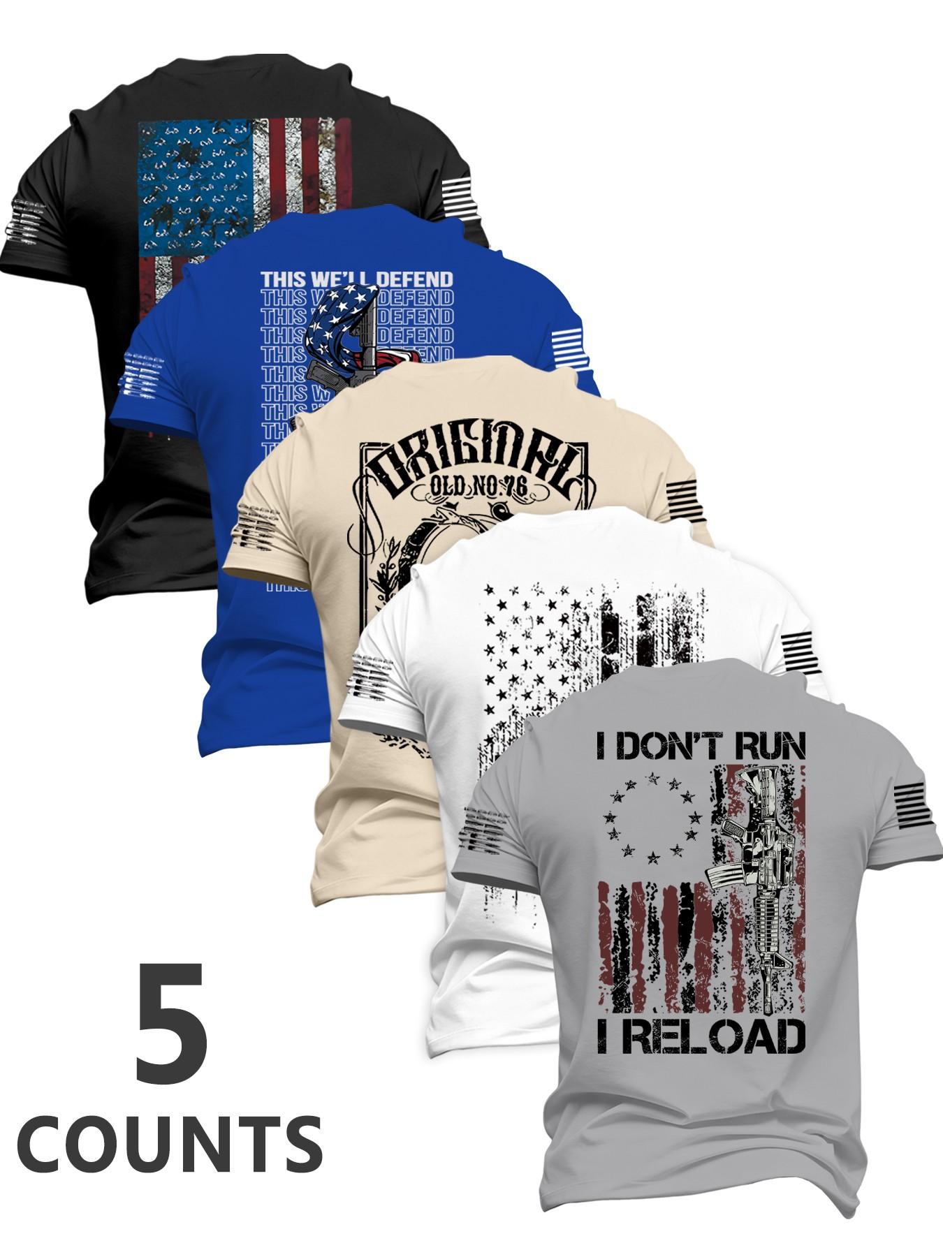 Men's Fashion Round Neck Casual Short Sleeve T-Shirt, Summer Comfortable Flag Print Outdoor Tee, 5 Pack, Perfect for Boyfriend Daily Wear Men's Fashion Round Neck Casual Short Sleeve T-Shirt, Summer Comfortable Flag Print Outdoor Tee, 5 Pack, Perfect for Boyfriend Daily Wear