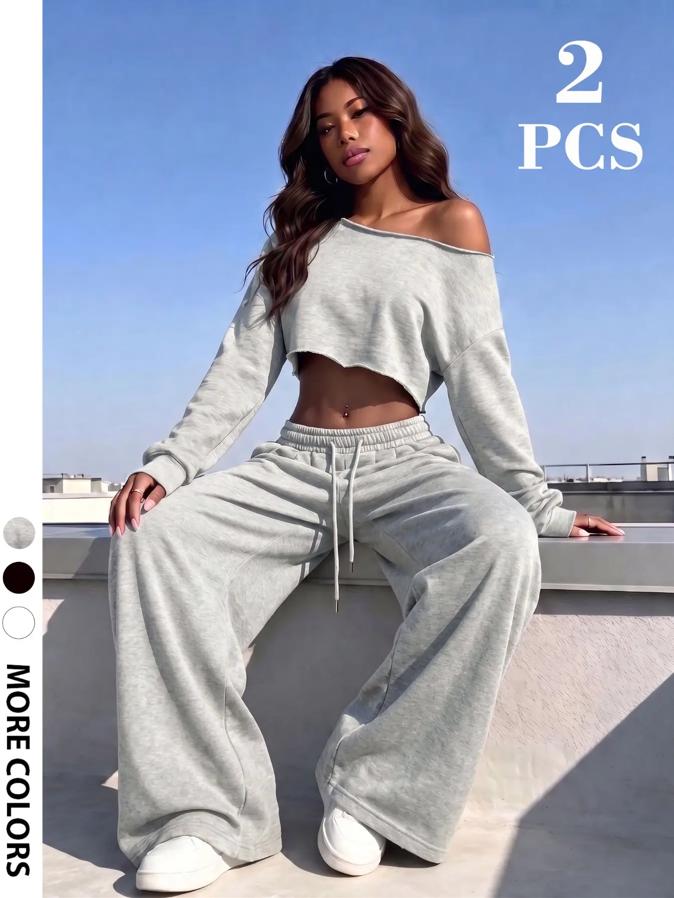 Women Buttery Soft Fleece Casual Matching Tracksuit Solid Grey One Shoulder Raw Edge Cropped Top Drawstring Wide Leg Floor Pants Urban Two Piece Outfit