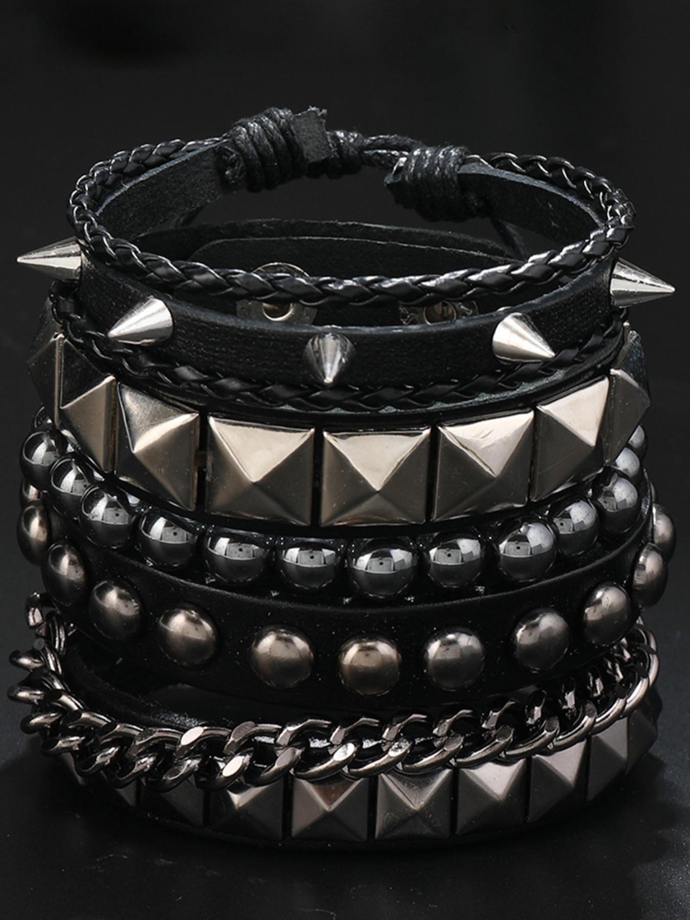 Punk Style Rivet & Beaded & Braided Decor Bracelet Set, Fashionable Adjustable Stackable Bracelets for Party, Daily Clothing Decor, Trendy All-match & Exquisite Jewelry for Gift