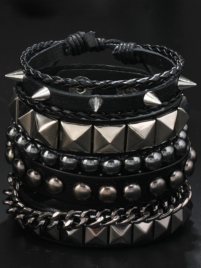 Punk Style Rivet & Beaded & Braided Decor Bracelet Set, Fashionable Adjustable Stackable Bracelets for Party, Daily Clothing Decor, Trendy All-match & Exquisite Jewelry for Gift