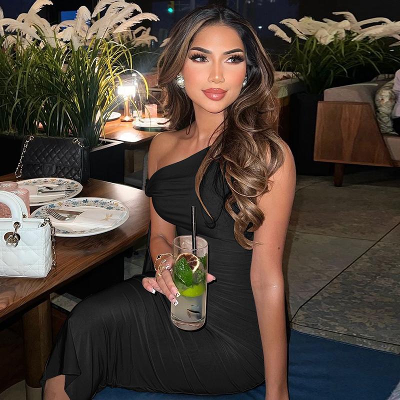 Knotted One Shoulder Tie Bandage Midi Dress for Women's  2025 Summer Asymmetric Sleeveless Bodycon Slim Casual Elegant Sexy Party Club Dating Outfit Dress