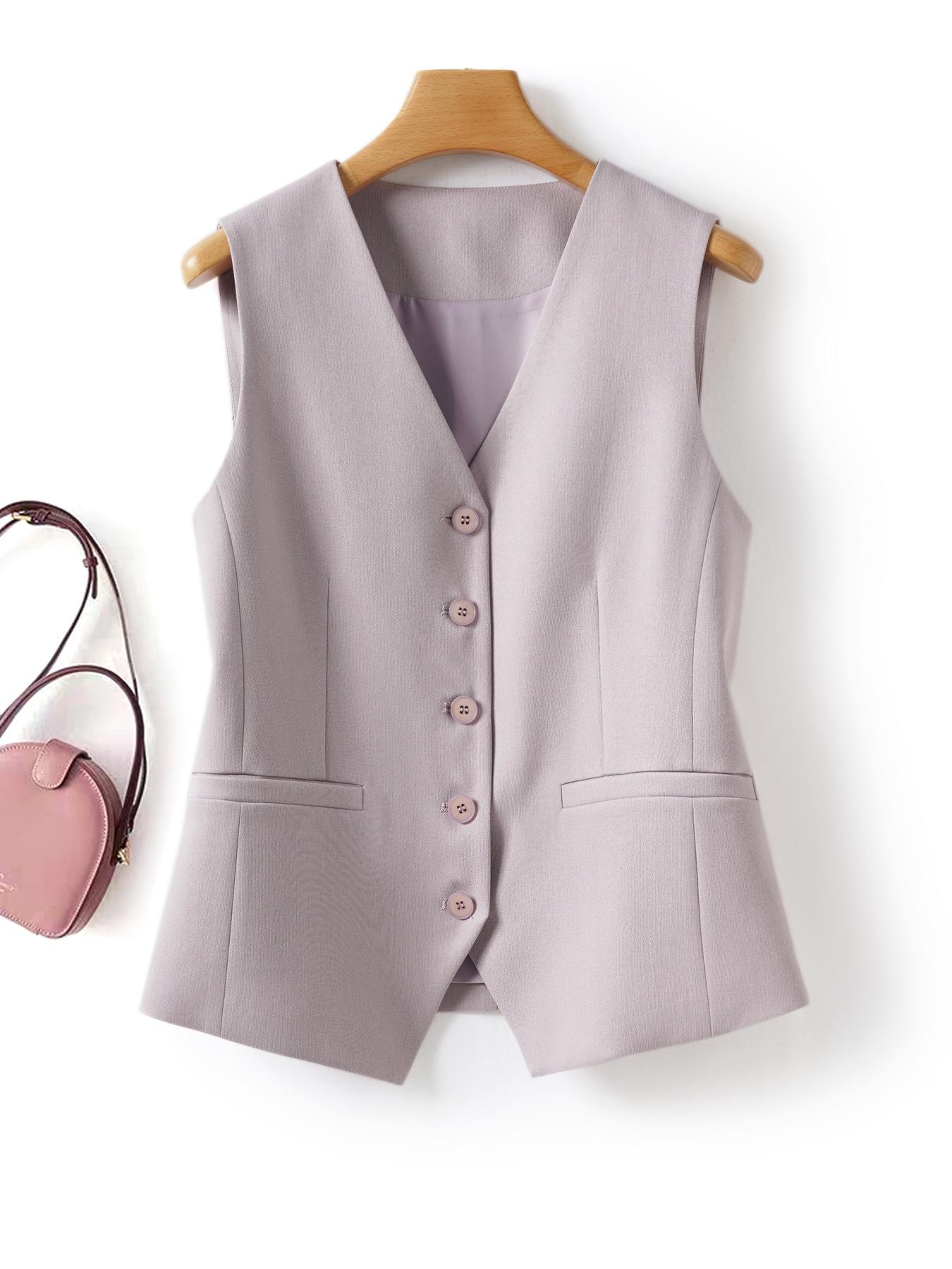 Women's Solid V Neck Button Vest Blazer, Casual Plain Color Waistcoat for Work Office Business, Ladies Spring & Fall Clothes