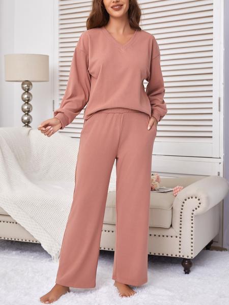 Women's 2-Piece Set V-Neck Knit Top & Pants with Pockets, Casual Loose-Fitting Autumn Winter, Home Wear or Outerwear