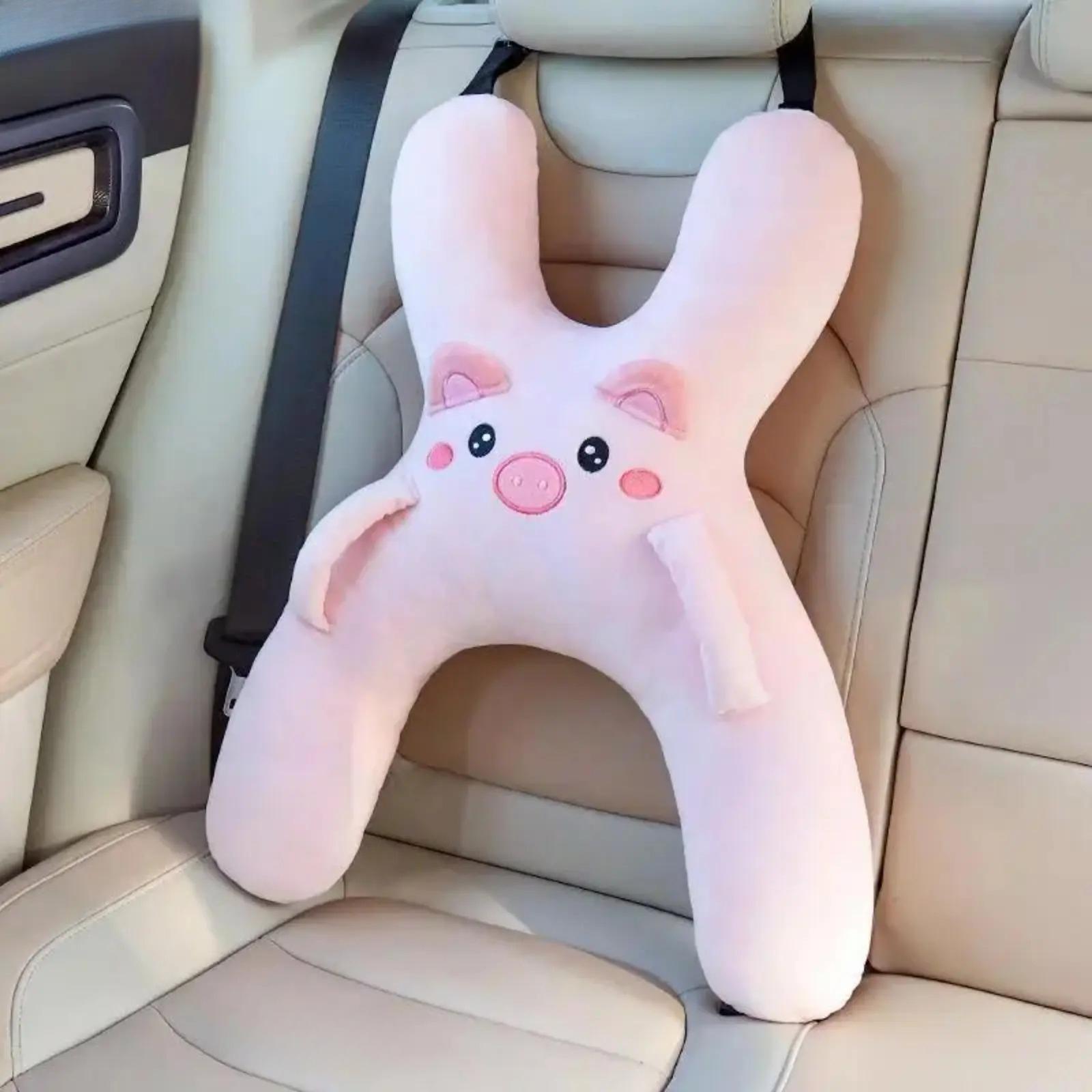 Playful Pig Face Plush Car Neck Pillow - Travel Accessories with Neck Support, Ultra-Soft Character Head Rest Cushion, Seat Belt Support, Anti-Head Leaning Sleep Aid, Camping Trip Cozy Car Accessory