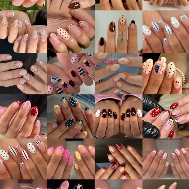 600pcs Almond Press-On Nails, Polka Dot French Design, Nail Designs, Medium Size, Acrylic Material, Includes Gel Glue & Nail Files, Perfect for Summer