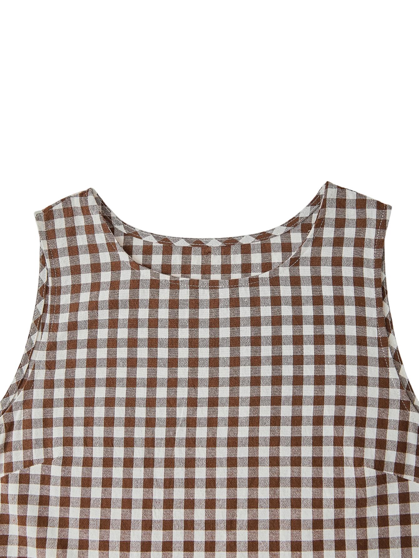 Women's Summer Plaid Vest Set, Elastic Waist Pocket Wide Leg Pants, Casual Comfortable Beach Vacation, Daily Wear, Casual Fashion Set