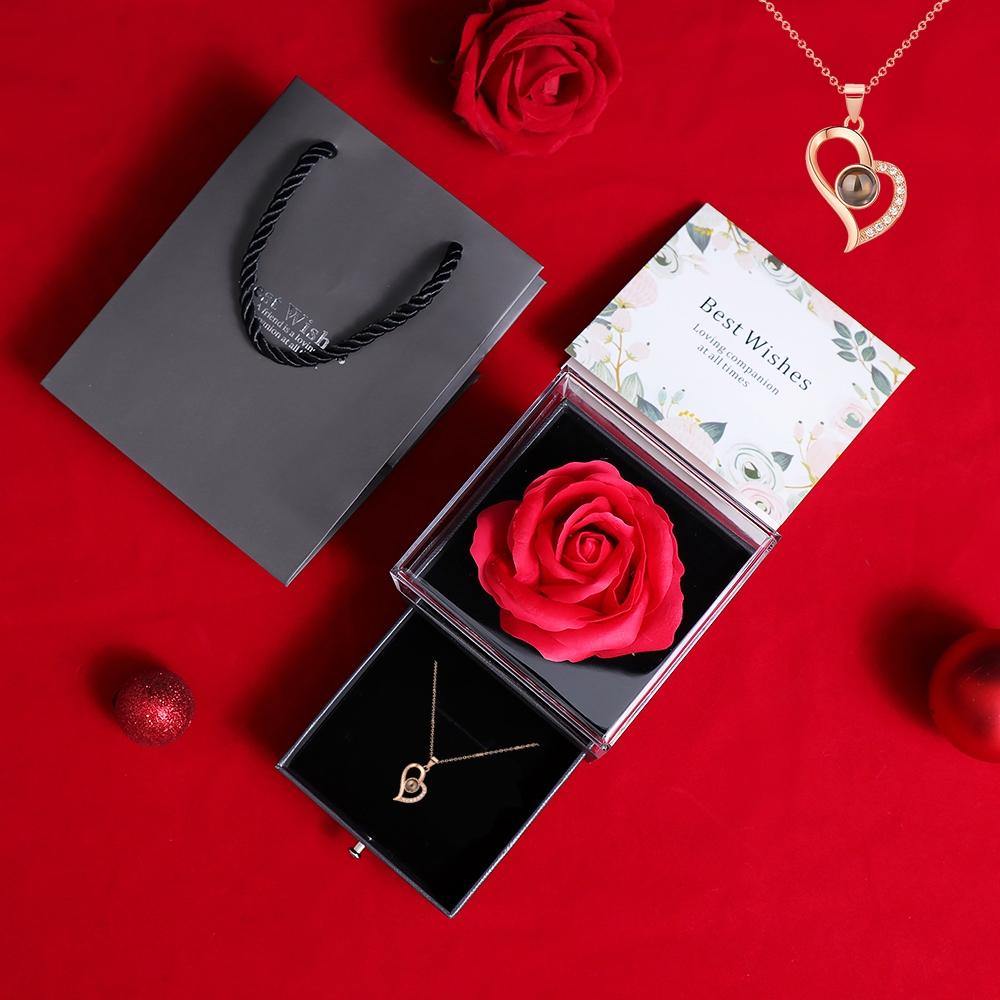 Valentine's Day Rose Box I Love You Necklace Pendant Soap Flower Gift Set, Mother's Day Jewelry, Birthday Present, Anniversary Gift, Themed Gift Box