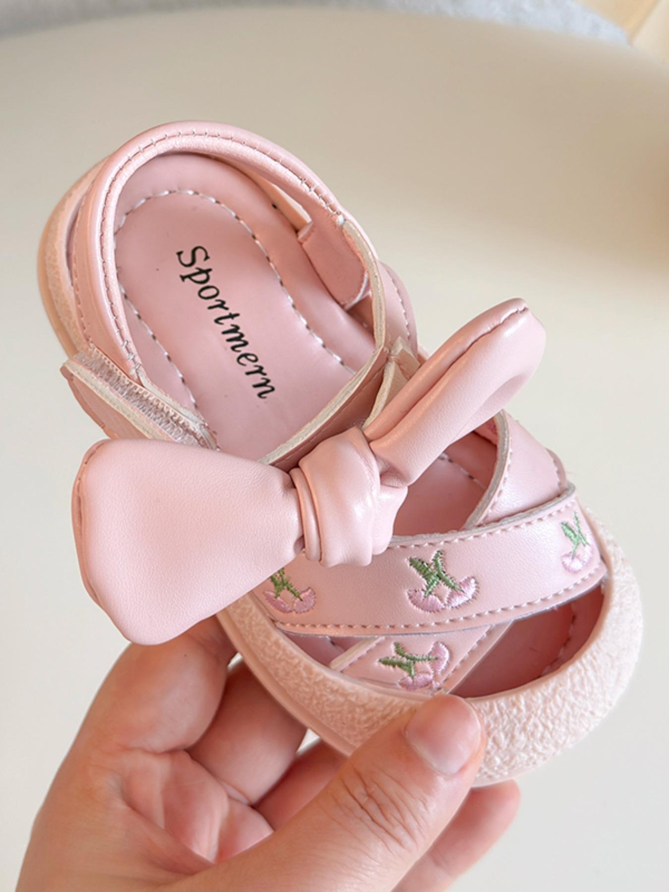 Cherry Embroidery Bow Infant Sandals, Sweet Princess Style, Easy-On Velcro, Soft Toe Protection, Non-Slip Rubber Sole, Summer