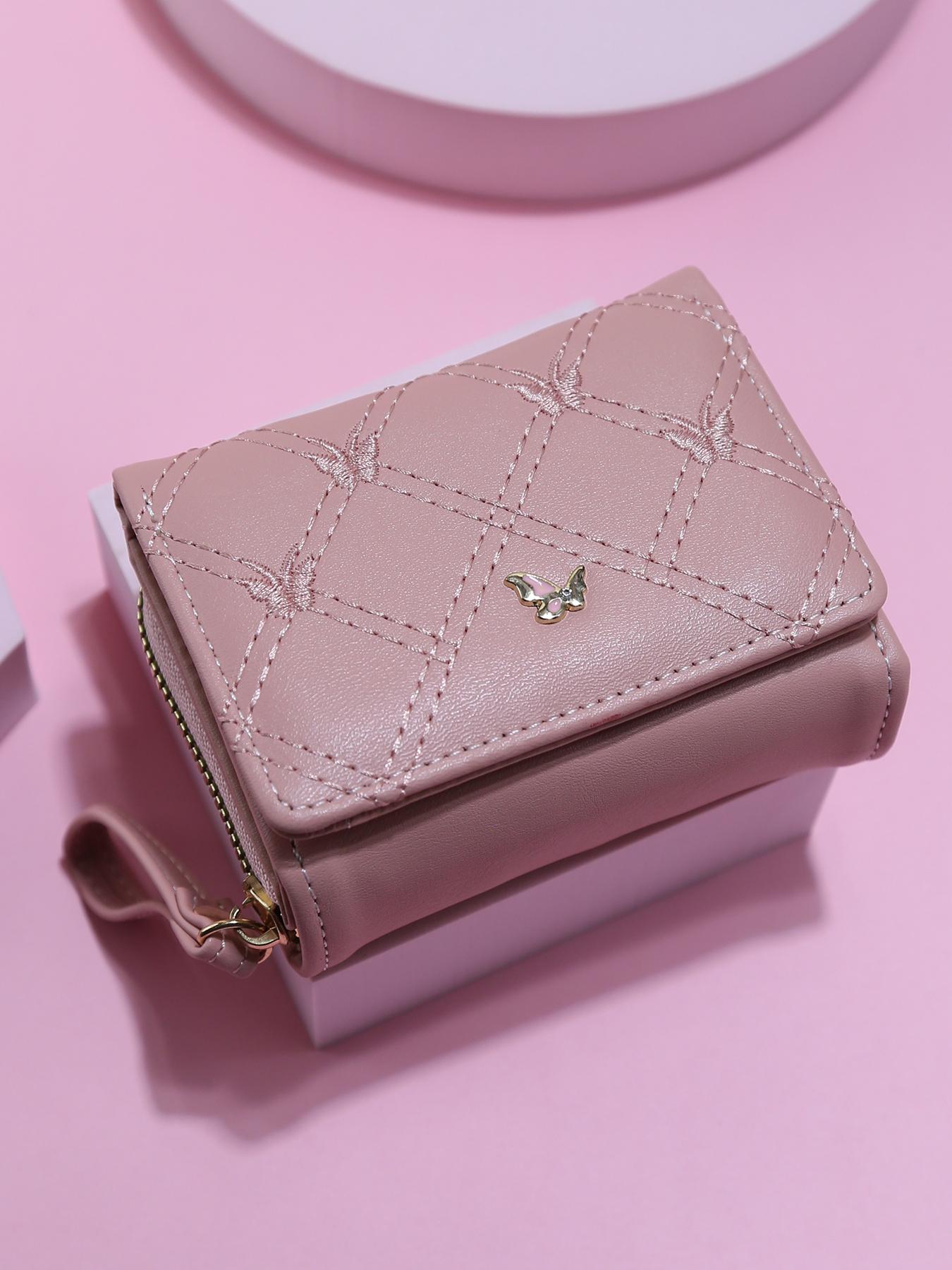 Trendy Mini Soft Leather Wallet for Women, Diamond Pattern Butterfly Metal Decoration, Multi-Card Slot ID Holder Handbag Portable Coin Purse