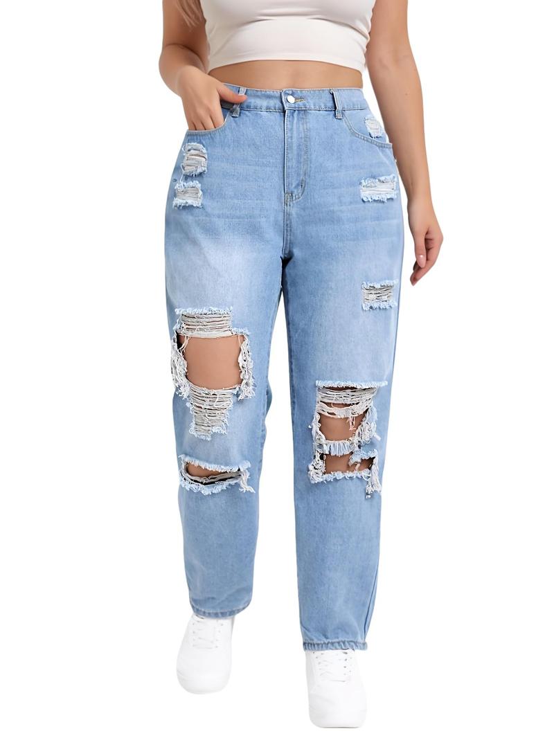 Women's Plus Size High Waist Loose Fit Jeans, Fashionable Ripped Long Pants, Casual Denim Trousers for Comfort and Style Women's Plus Size High Waist Loose Fit Jeans, Fashionable Ripped Long Pants, Casual Denim Trousers for Comfort and Style
