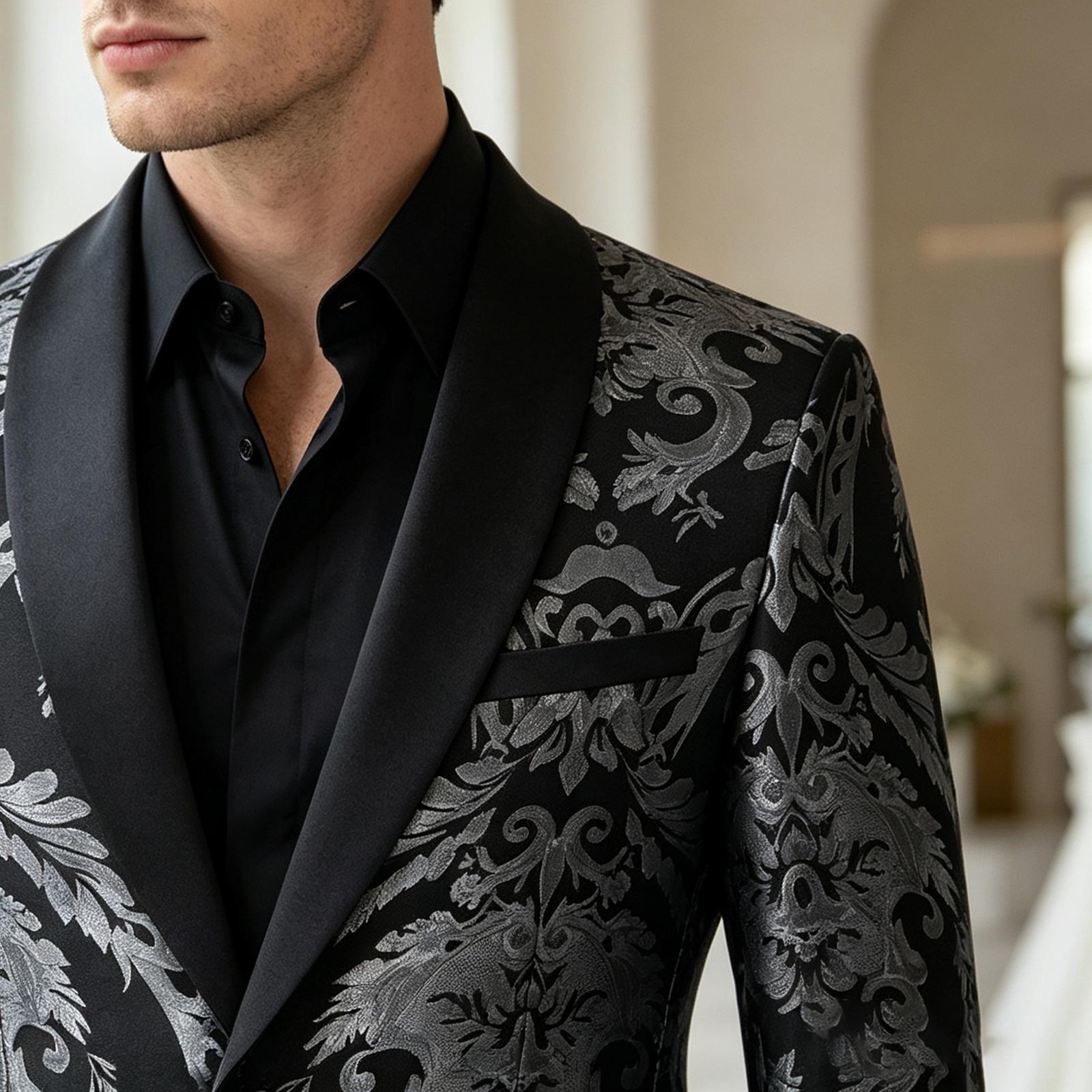 Men's 2-Piece Slim Fit Floral Jacquard Formal Tuxedo Set - Shawl Collar Long-Sleeve Button-Front Blazer & Matching Trouser for Wedding, Prom