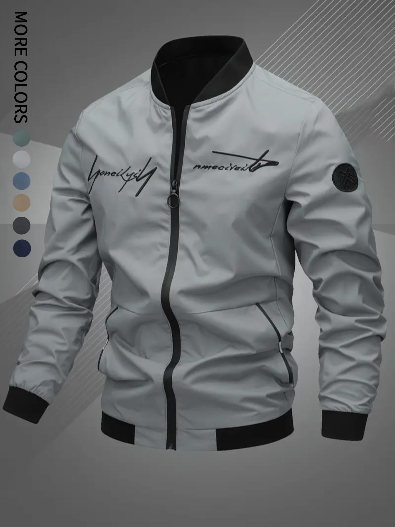 Men's Casual Windproof Jacket Outdoor Mountaineering Camping Polyester Personalized Letter Embroidered Pilot Jacket Beige Grey Qh Long Sleeve Zippers