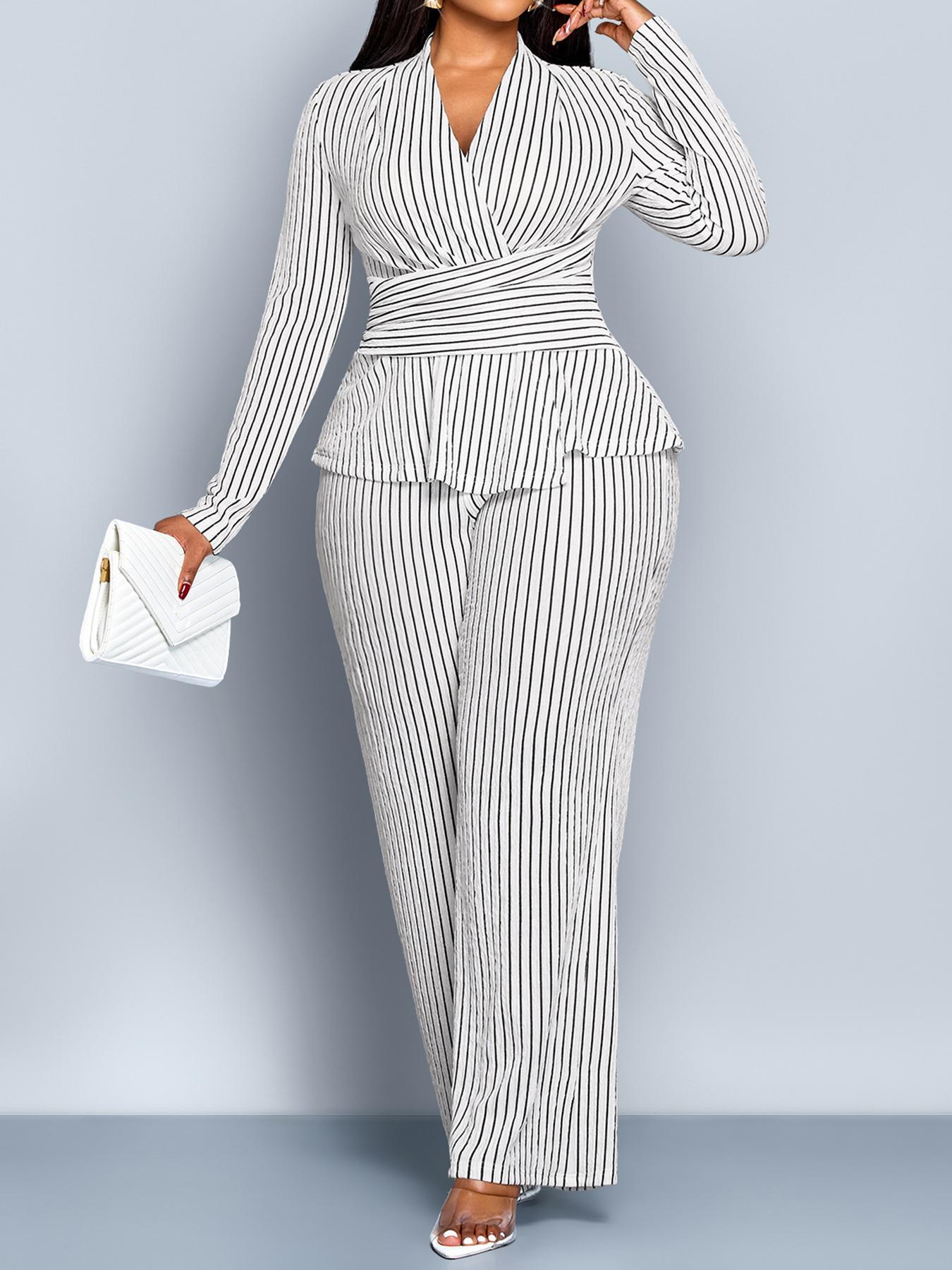 Women's Striped Two-Piece Set, Elegant Fall & Winter, Deep V-Neck Long Sleeve Top, High-Waisted Wide-Leg Pants, Plus Size