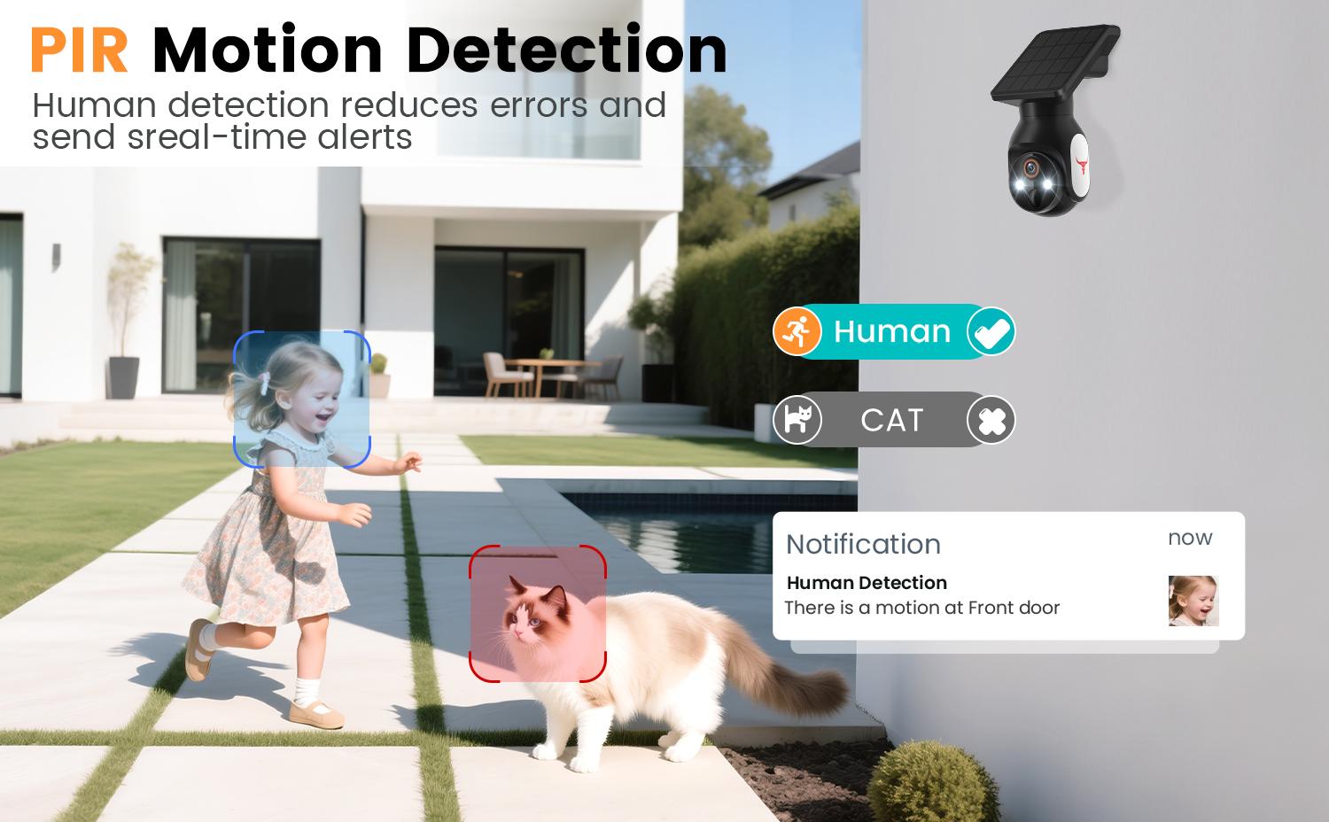 Security Camera with Solar Panel, Wireless Outdoor, Camera for Home Security, Battery Powered, Pan Tilt, AI Motion Detection, Night Vision, 2-Way Talk, IP65, Cloud Storage, Human Detection, 2.4GHz Only
