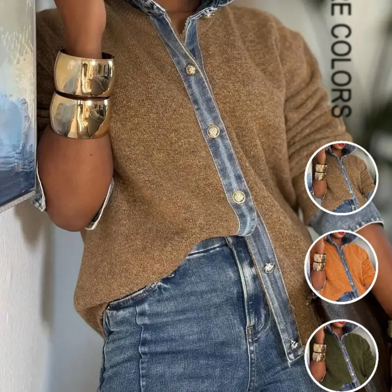Women's Vintage Denim-Patchwork Knit Cardigan with Buttons, Loose-Fit Long-Sleeve Sweater Coat, Elegant Casual Fall/Winter Fashion, Soft and Comfortable Top