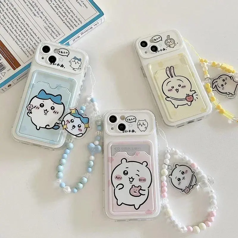 Cute Cartoon Japan Anime Chiikawa Card Wallet Pocket Phone Case For iPhone 16 15 14 13 12 11 Pro Max Cover With Lanyard