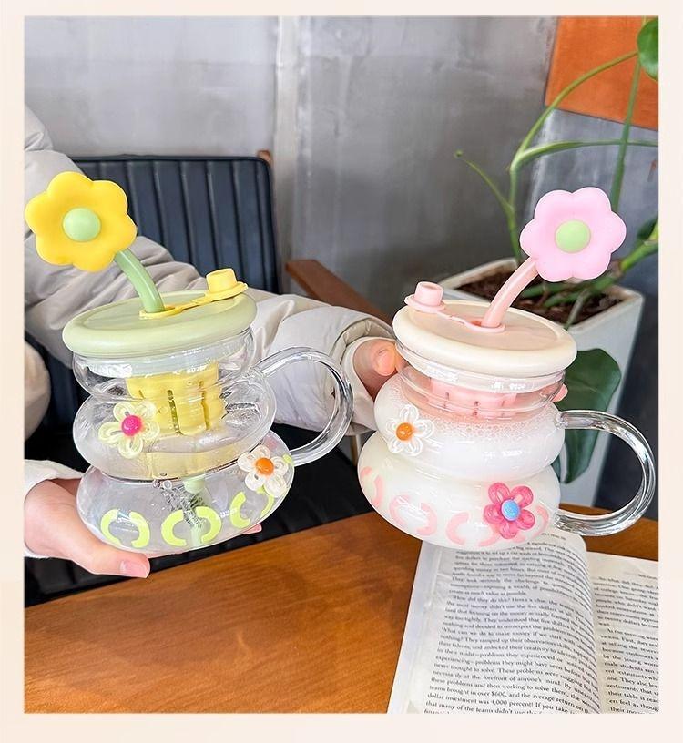 Cute Flower Glass Mug Cup with Flower Straw, Supports Straw Drinking and Direct Drinking, Meets Different Drinking Needs, Perfect for Everyday Use, Drinkware