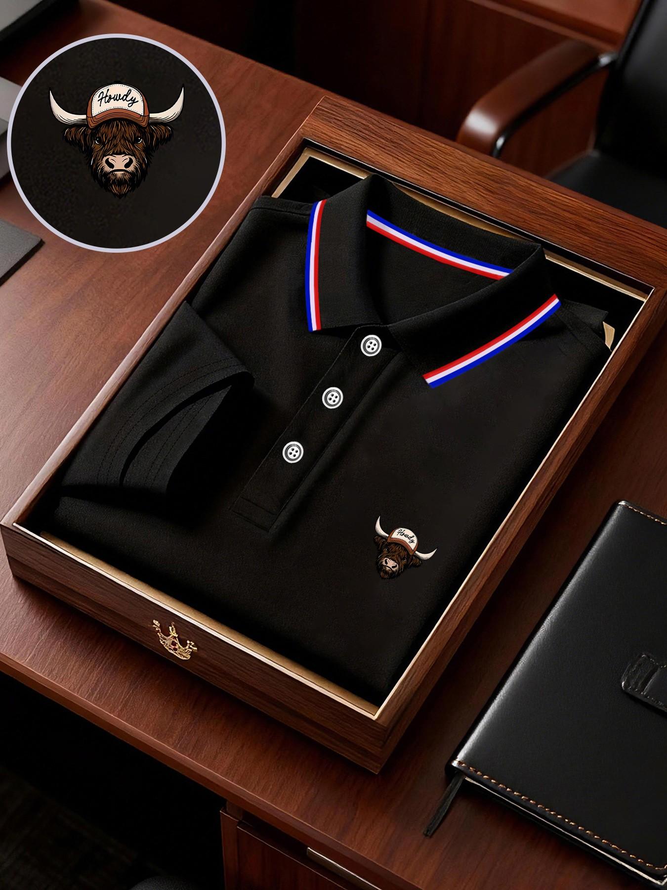 Men's Geometric Print Polo Shirt, Loose-Fit Short Sleeve, Breathable Elastic Fabric, Casual Business Tee, Spring Summer Outdoor Wear