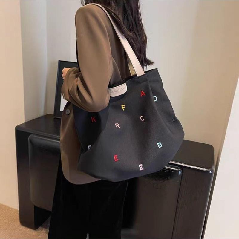 Women's Large Capacity Canvas Tote Bag, Trendy Embroidered Letter Shoulder Bag, Fresh Style Handbag for Students