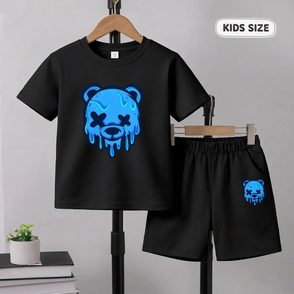 Boys’ Blue Bear Printed Design Short Sleeve T-Shirt And Shorts Set, Casual Kids Summer Outfit, Comfortable Crew Neck Clothing Set For Daily Wear And Outdoor Play